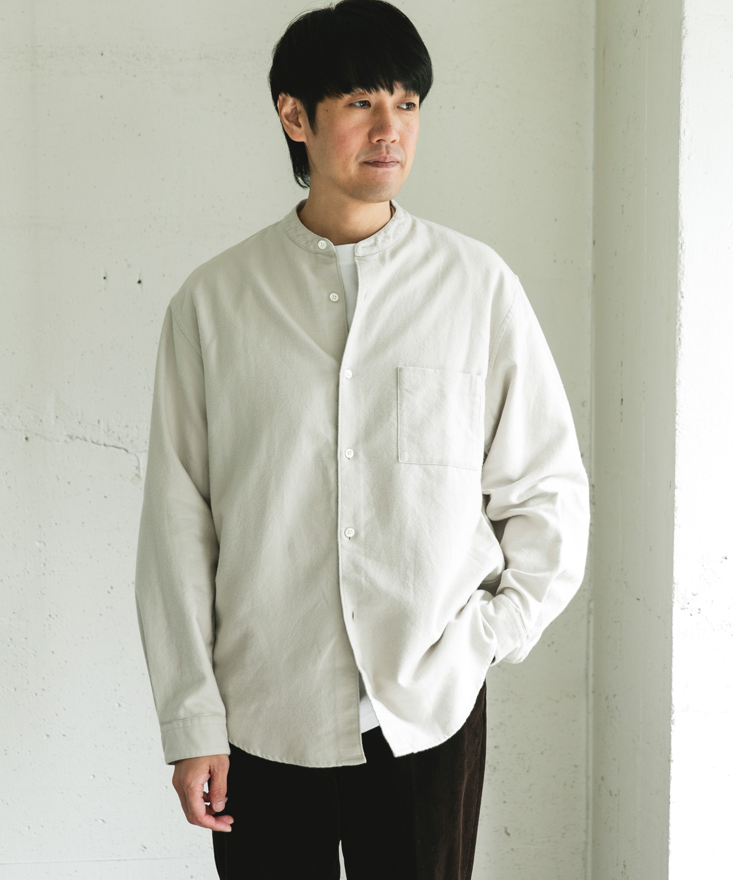 両面起毛ネルバンドカラーシャツ OFF M