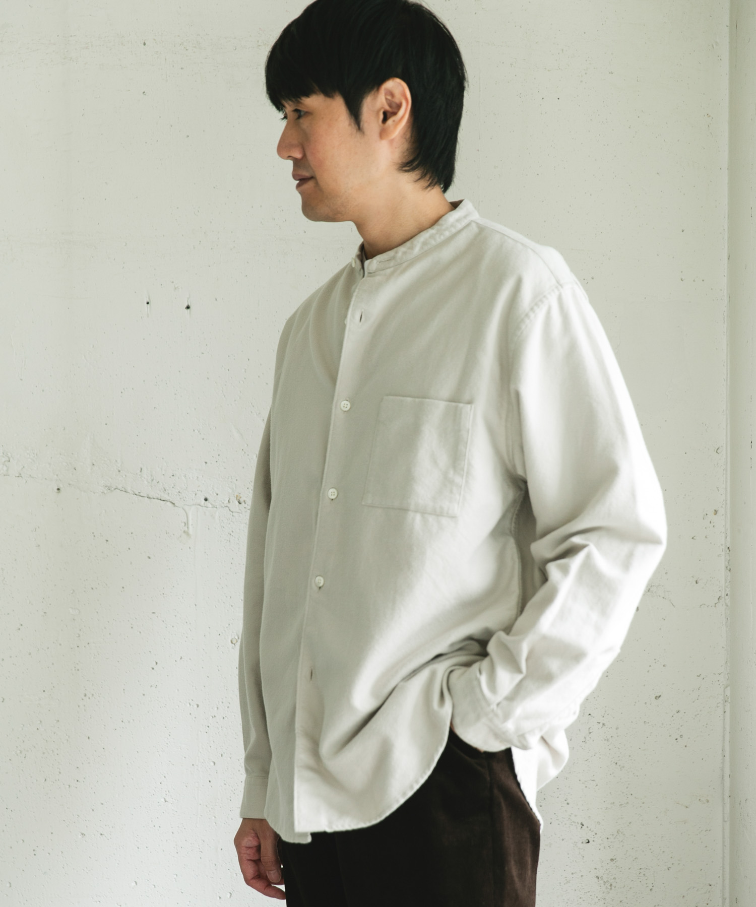 両面起毛ネルバンドカラーシャツ OFF M