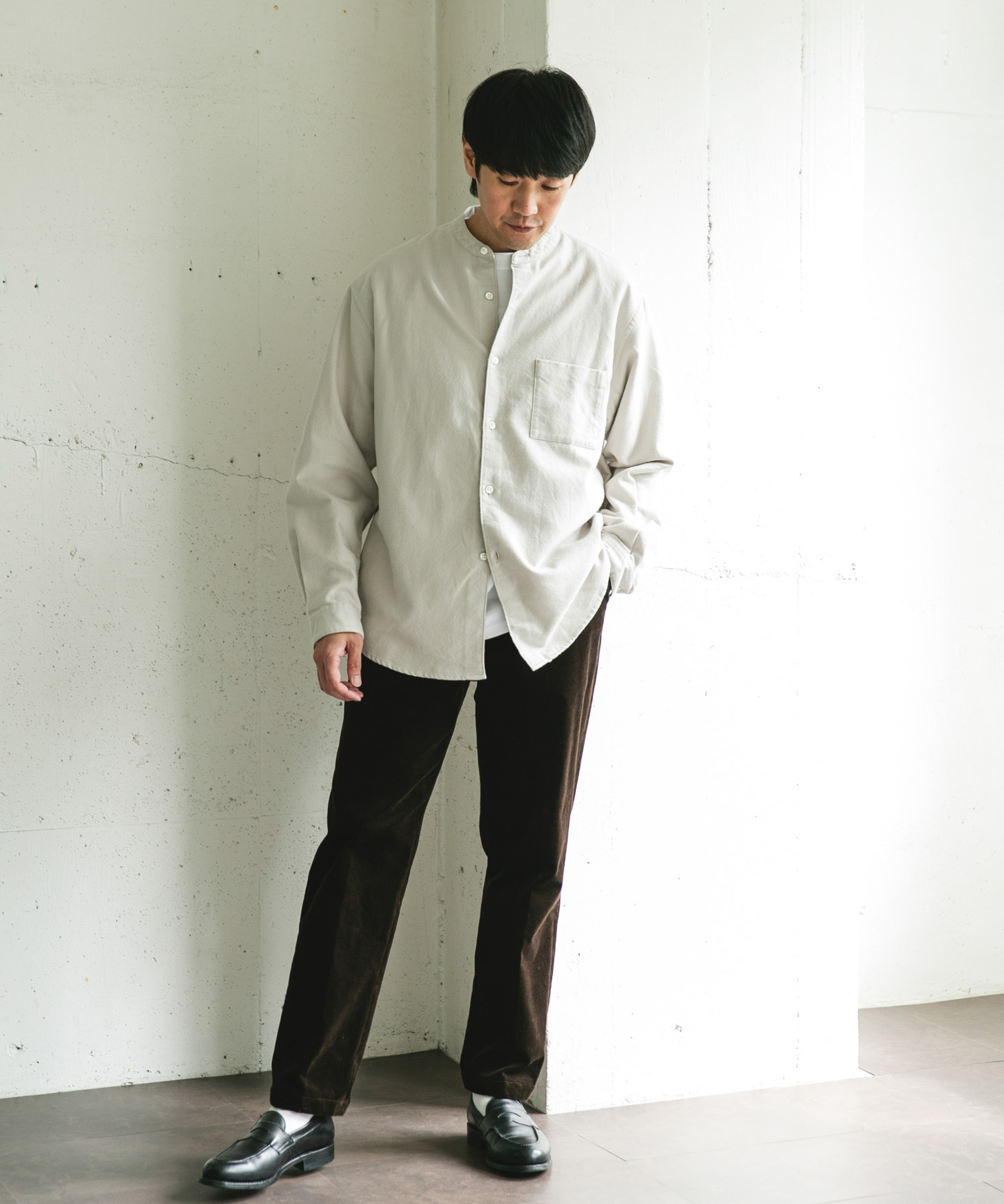両面起毛ネルバンドカラーシャツ OFF M
