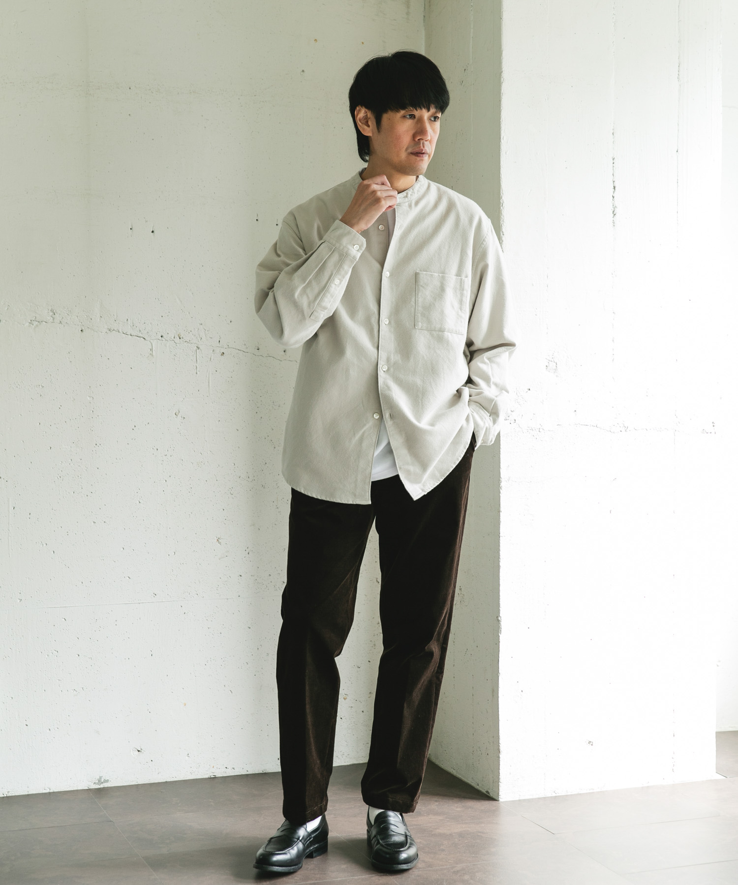 両面起毛ネルバンドカラーシャツ OFF M
