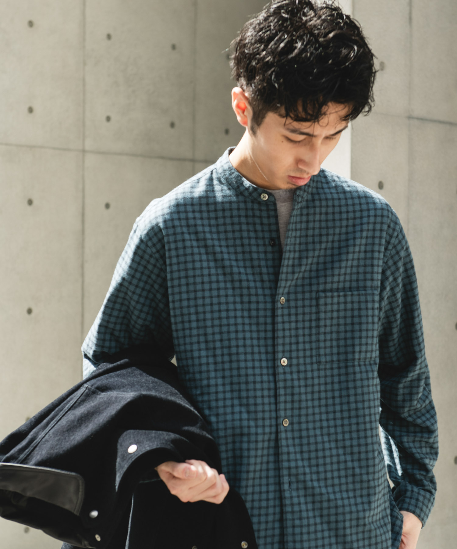 両面起毛ネルバンドカラーシャツ CHECK M