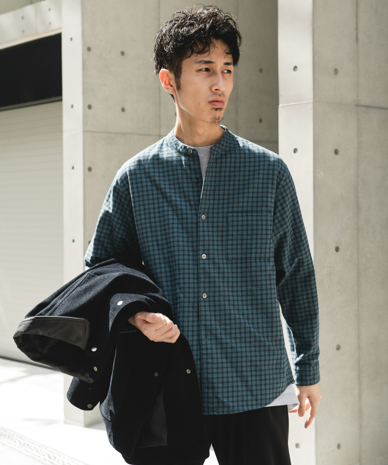 両面起毛ネルバンドカラーシャツ CHECK M