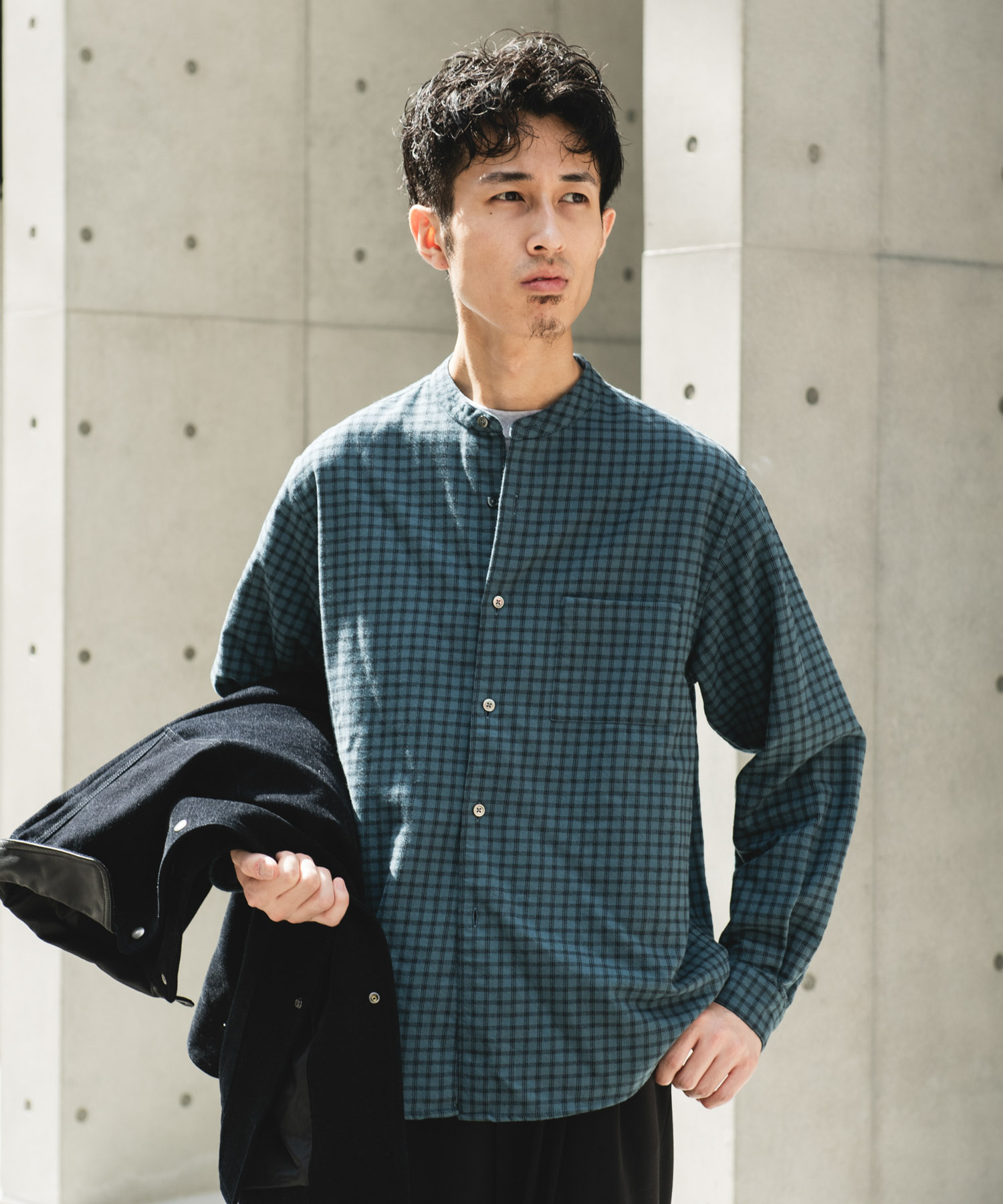 両面起毛ネルバンドカラーシャツ CHECK M