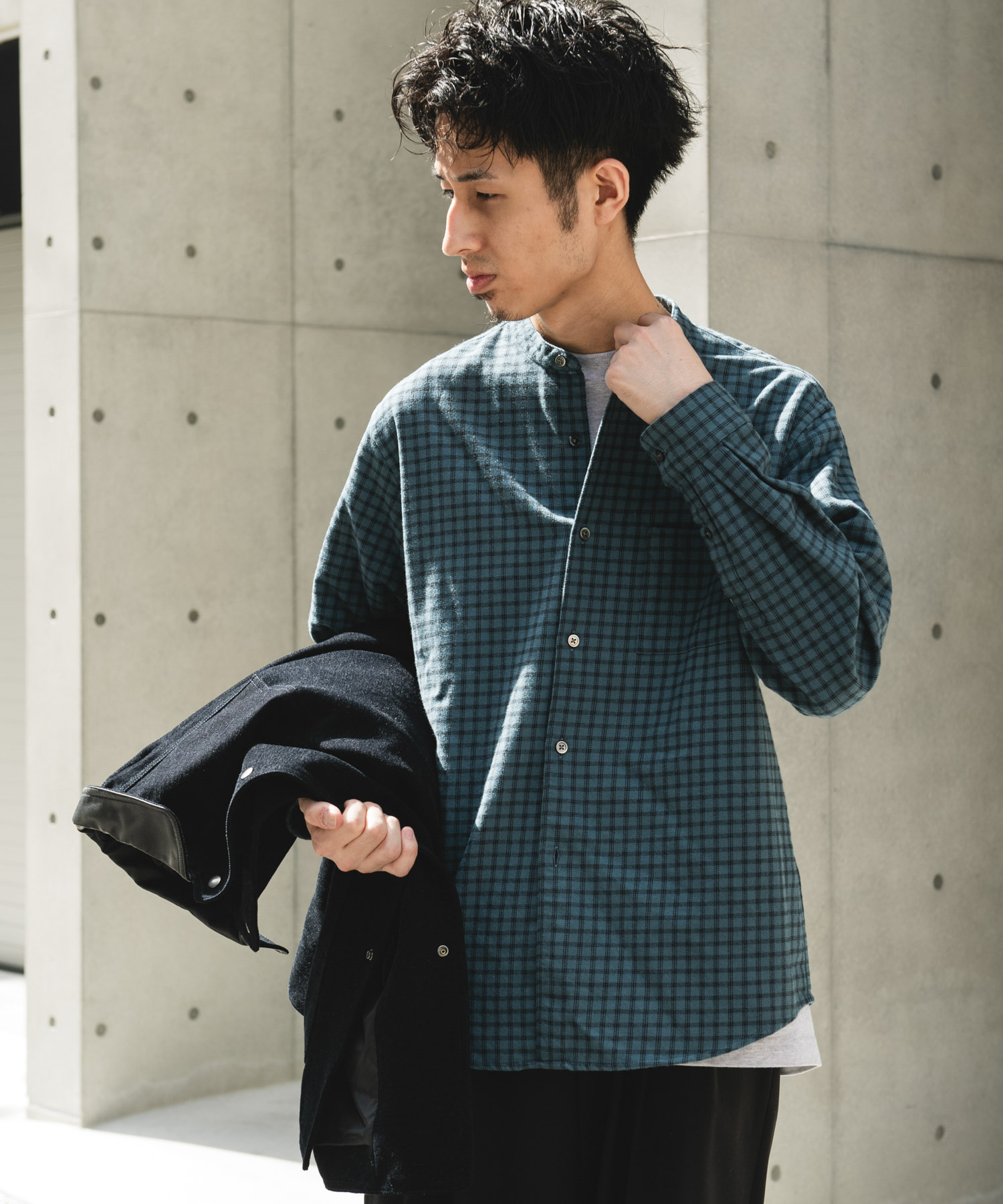 両面起毛ネルバンドカラーシャツ CHECK M