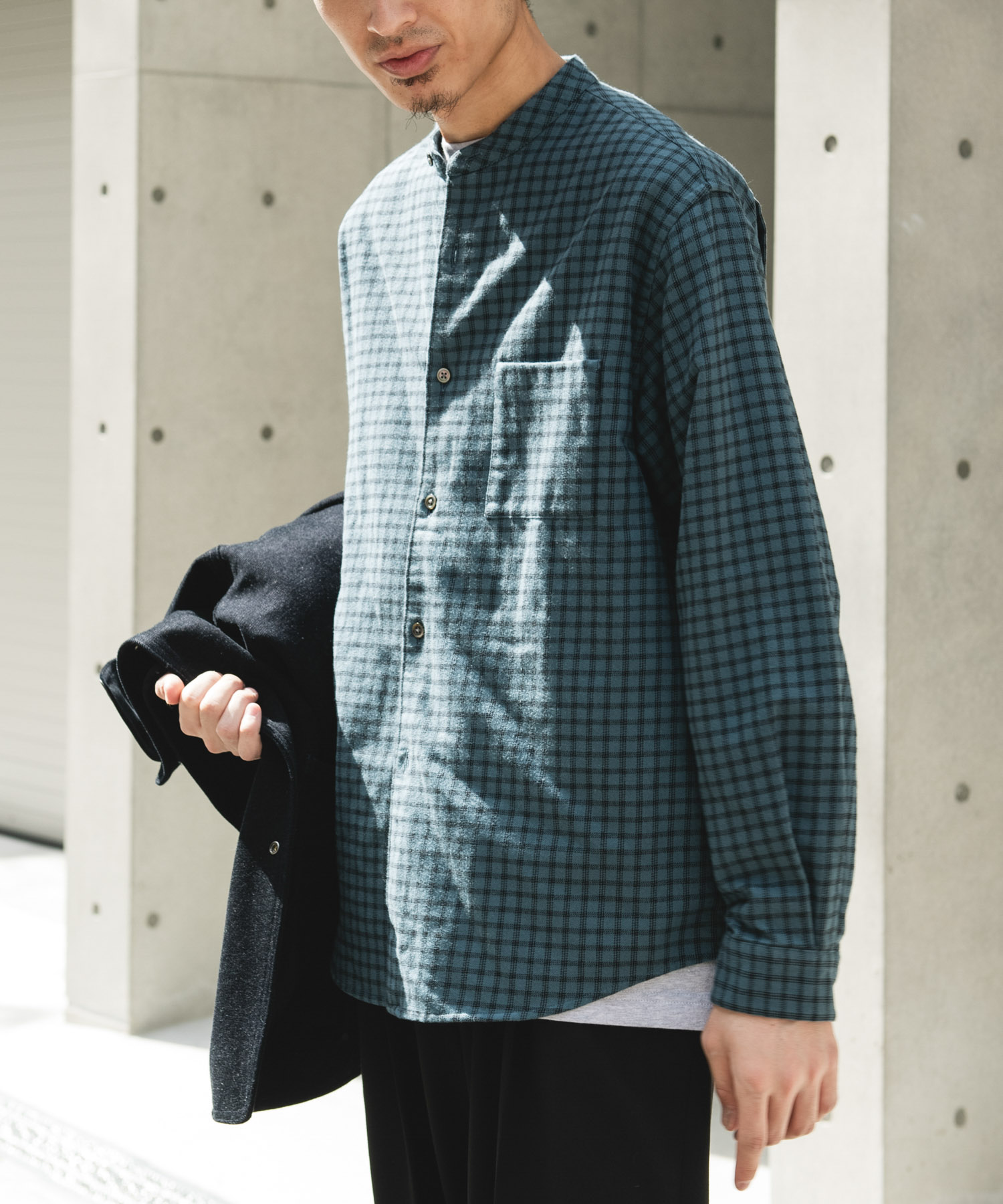 両面起毛ネルバンドカラーシャツ CHECK M