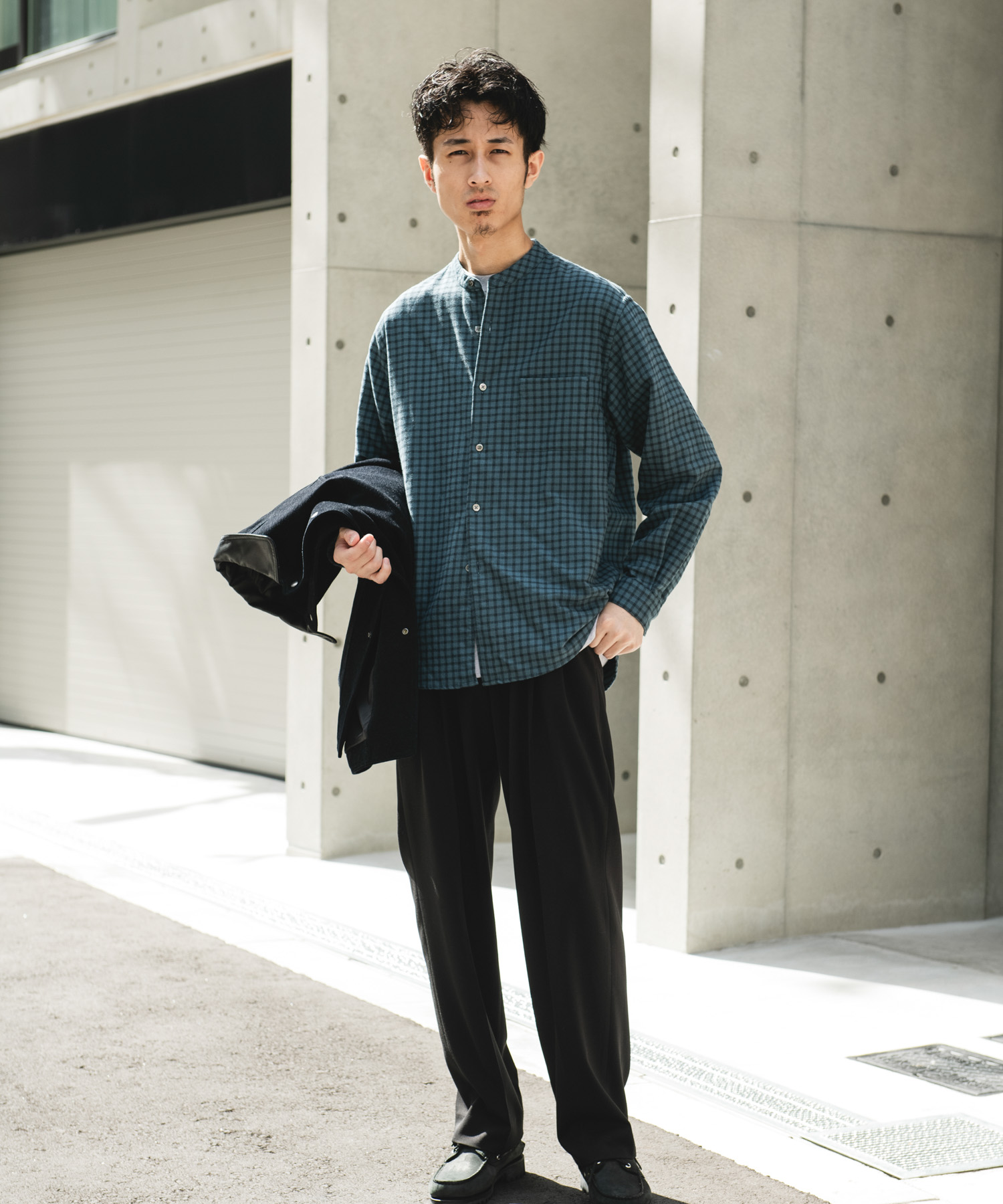 両面起毛ネルバンドカラーシャツ CHECK M