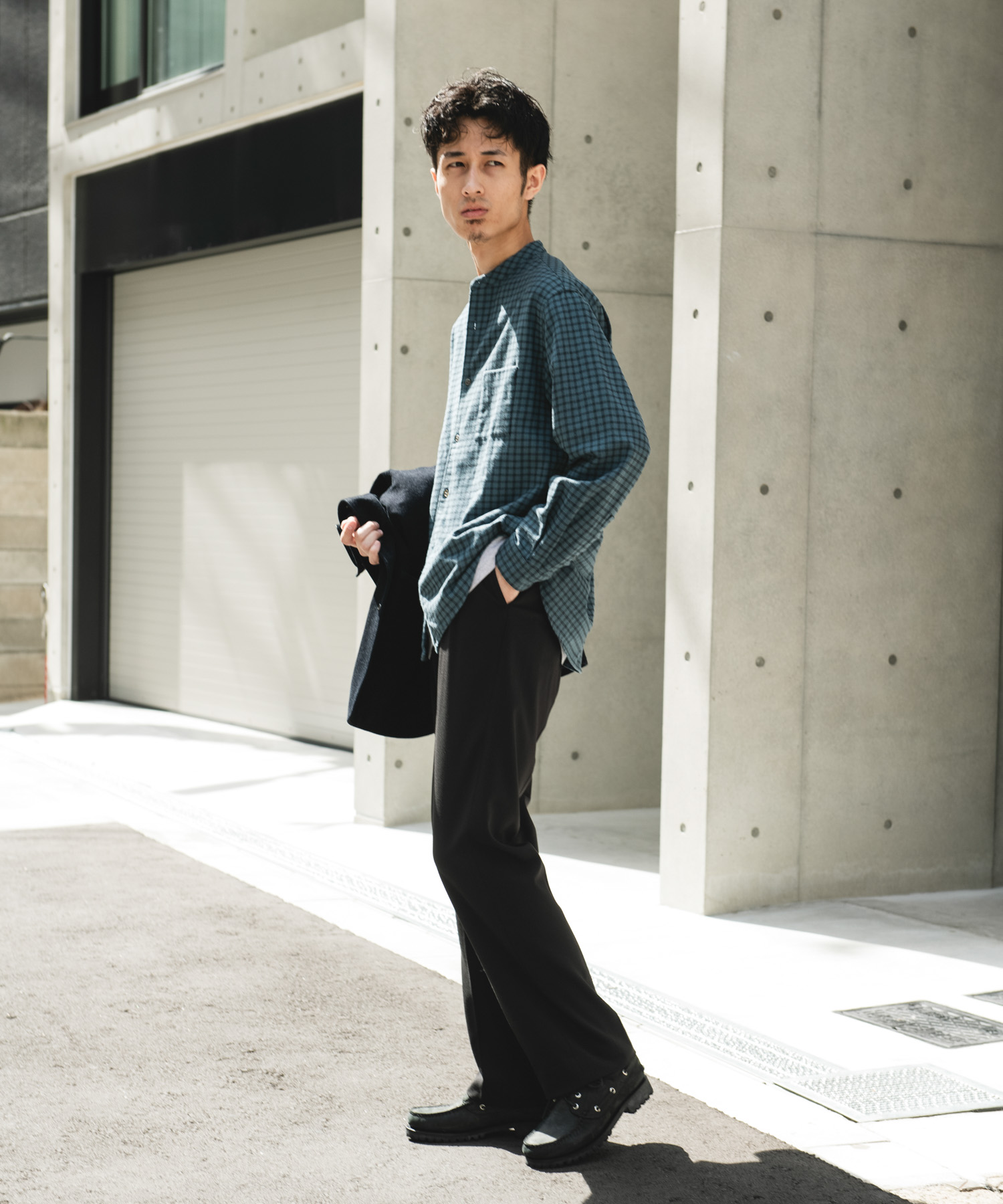両面起毛ネルバンドカラーシャツ CHECK M
