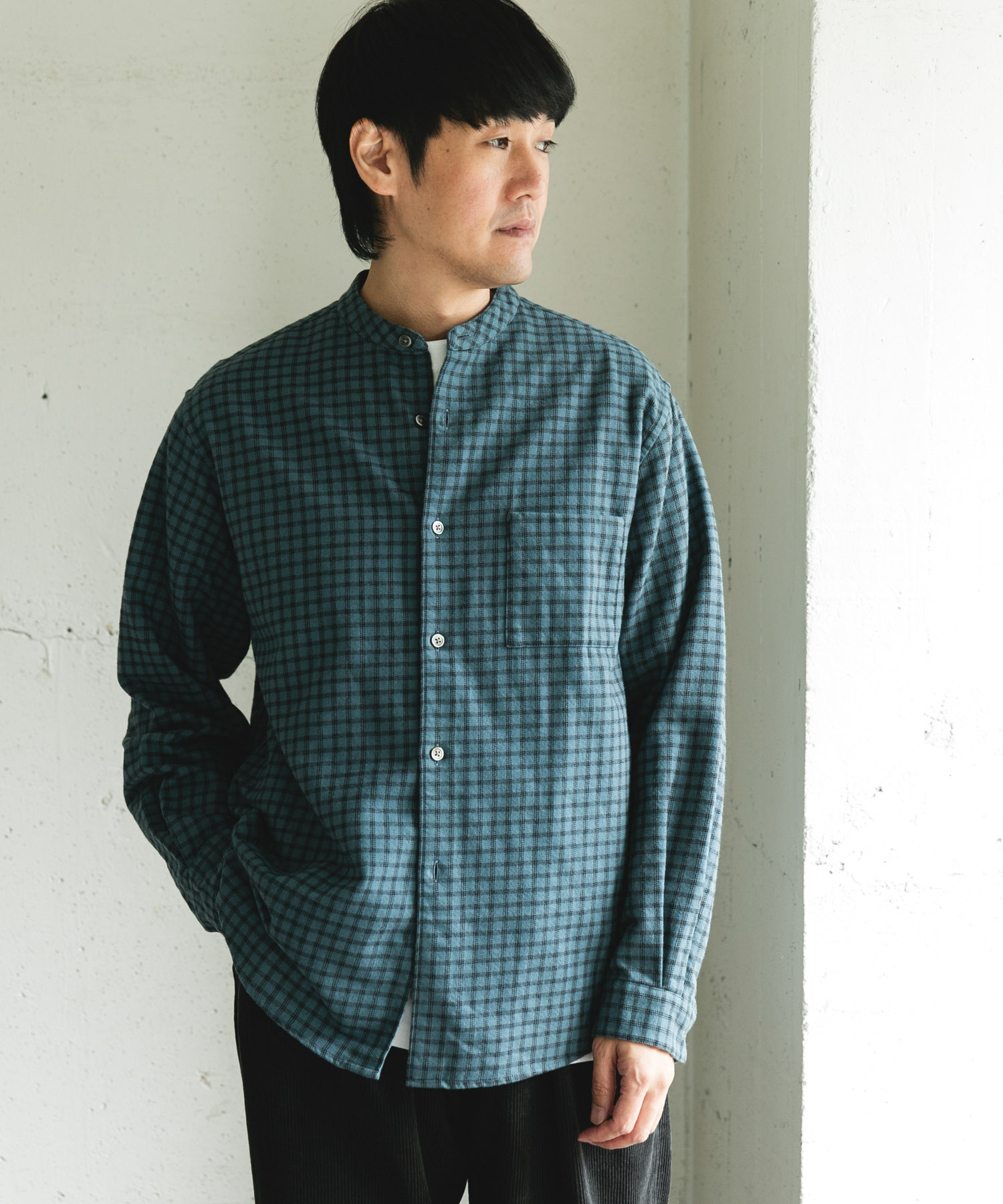 両面起毛ネルバンドカラーシャツ CHECK L
