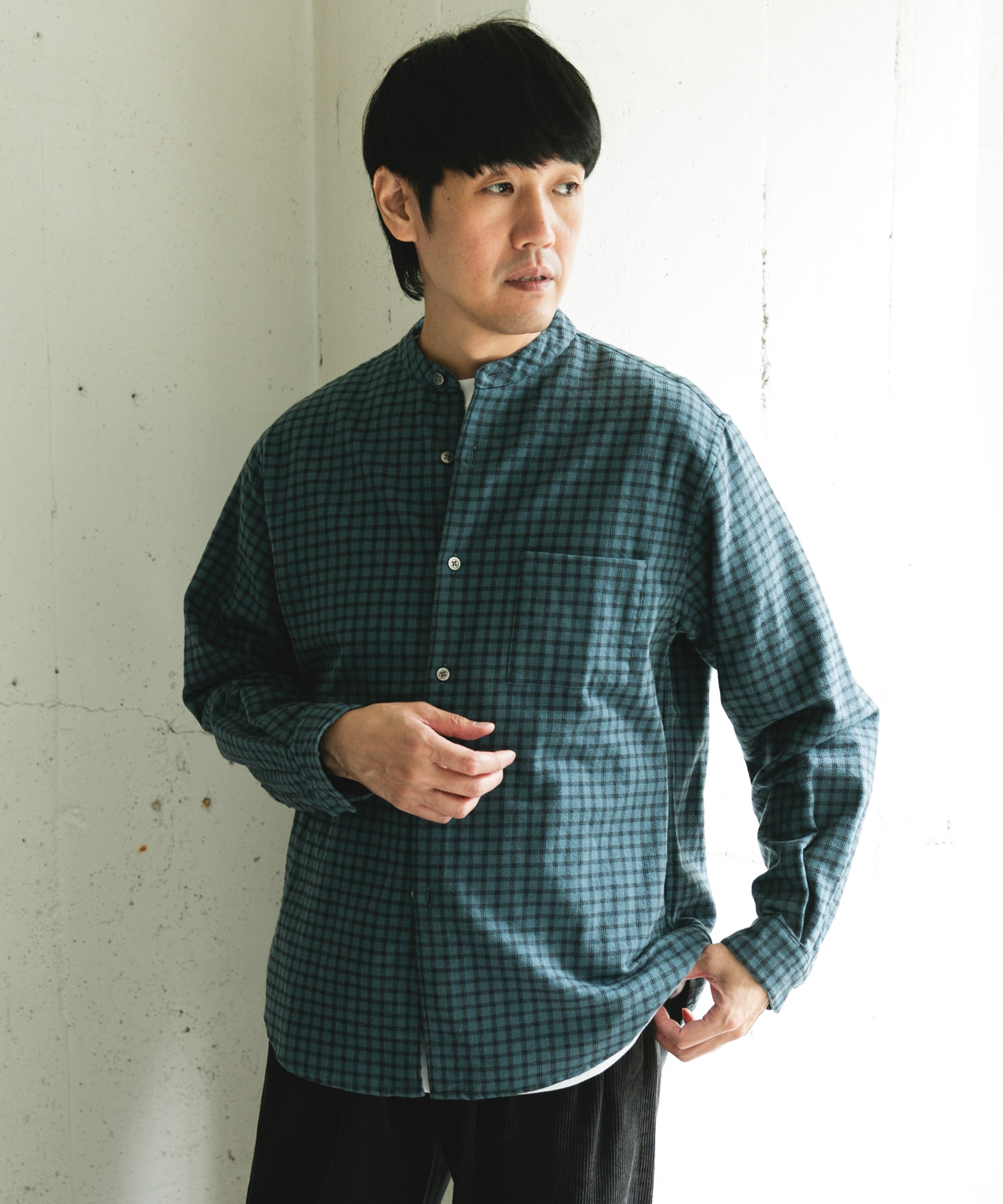 両面起毛ネルバンドカラーシャツ CHECK L