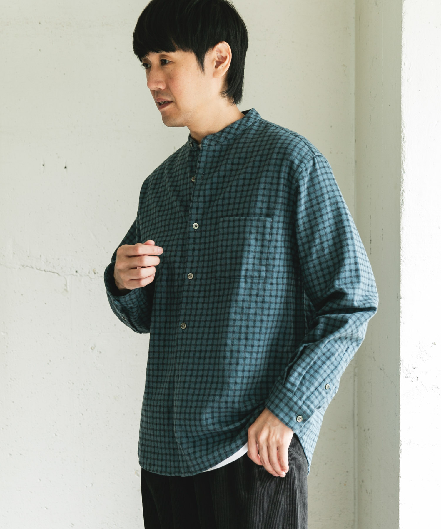 両面起毛ネルバンドカラーシャツ CHECK L