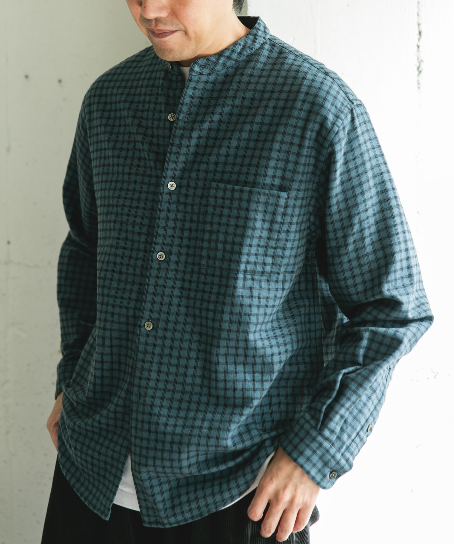 両面起毛ネルバンドカラーシャツ CHECK L
