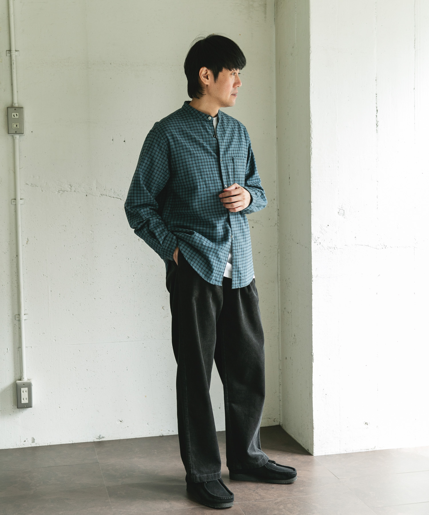 両面起毛ネルバンドカラーシャツ CHECK L