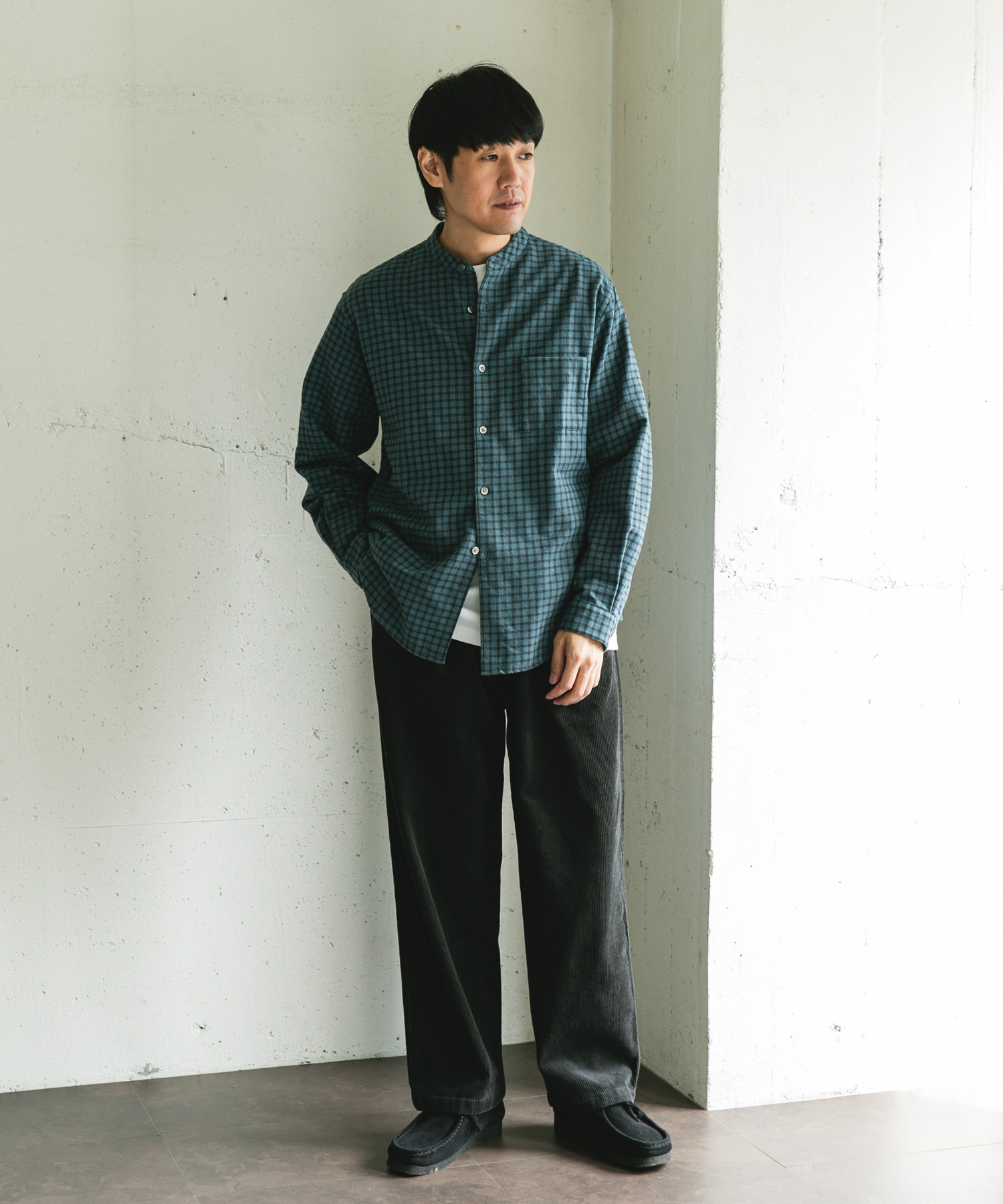 両面起毛ネルバンドカラーシャツ CHECK L