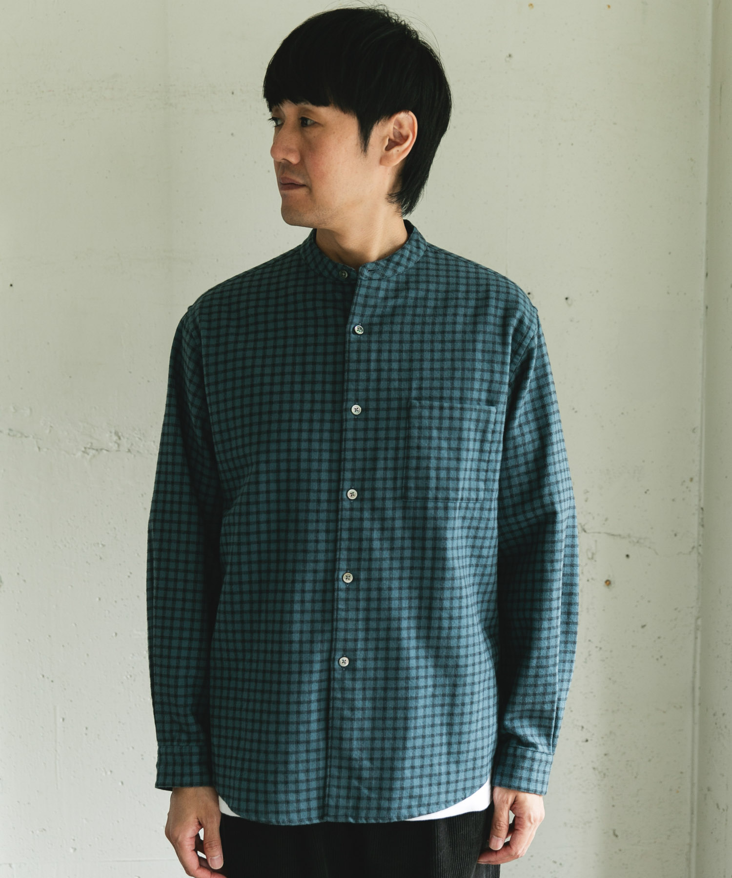 両面起毛ネルバンドカラーシャツ CHECK M