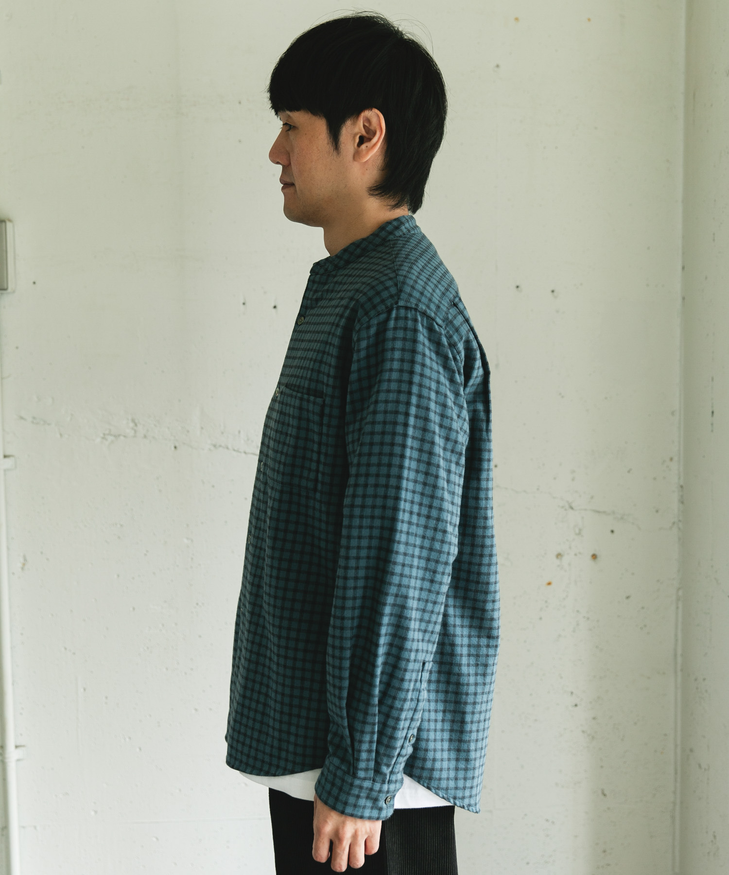 両面起毛ネルバンドカラーシャツ CHECK M