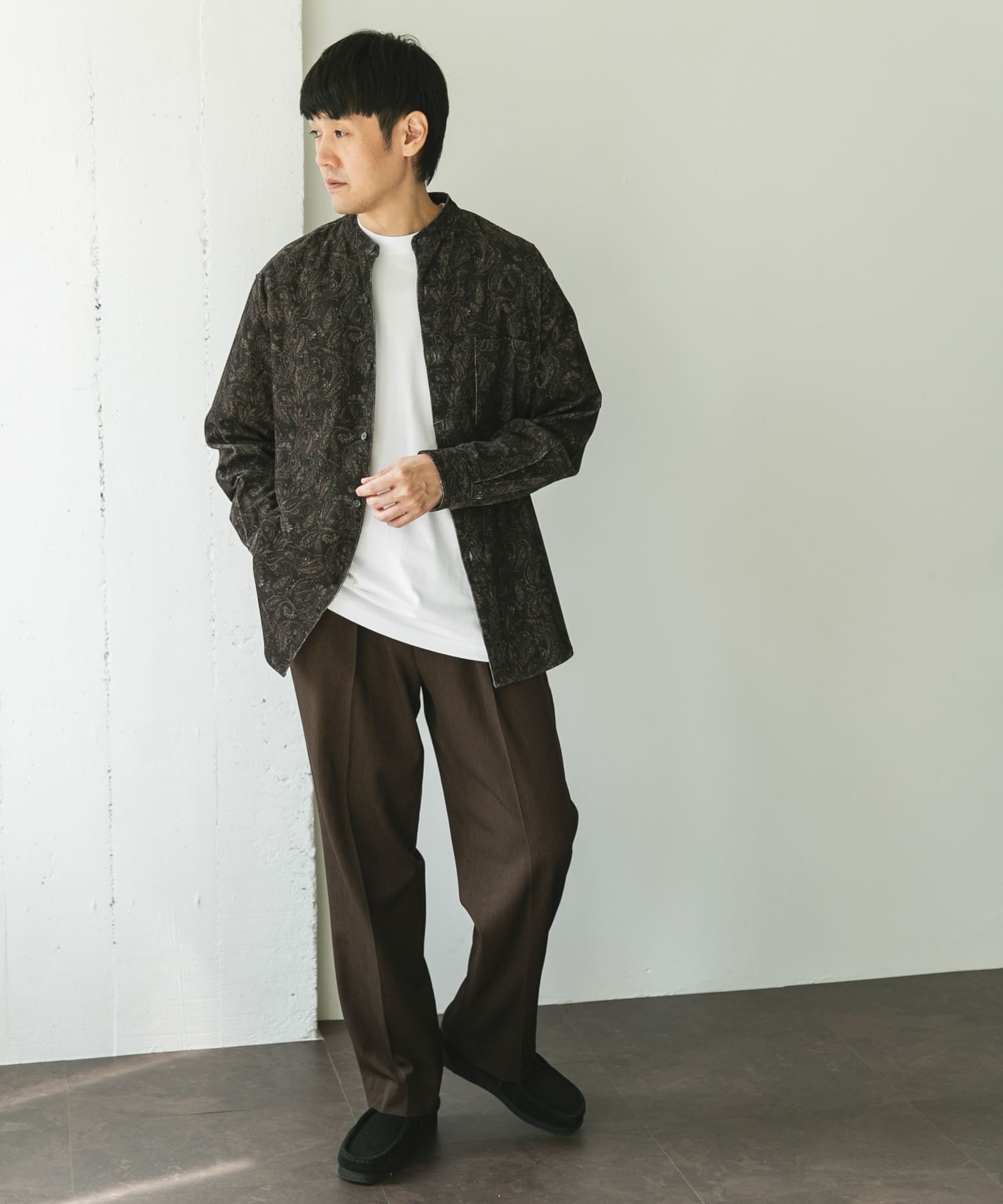 『UR TECH』コーデュロイバンドカラーシャツ PAISLEY M