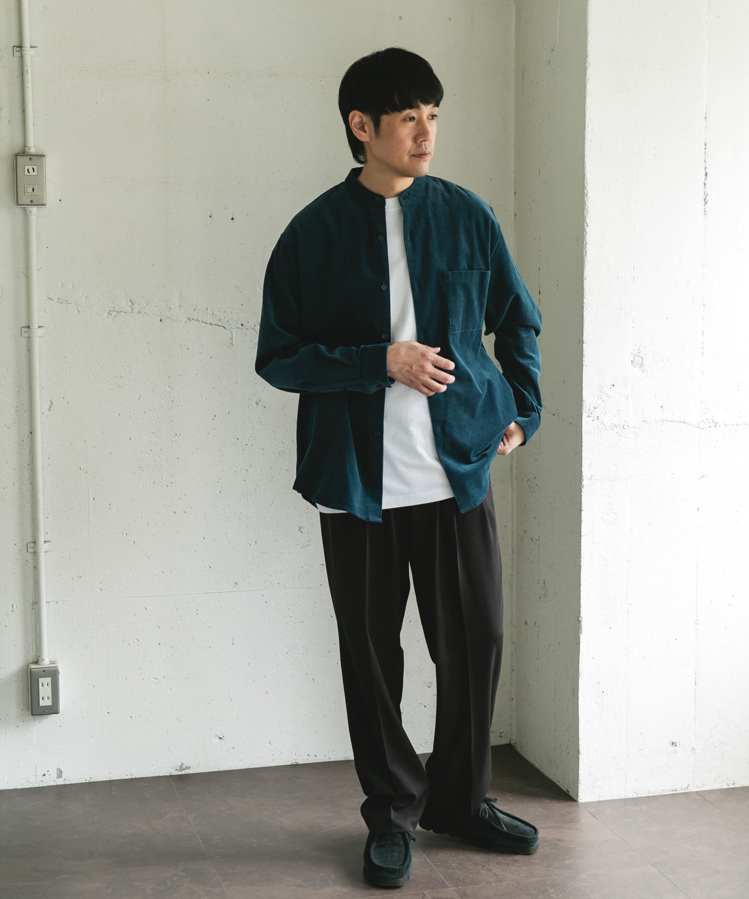 『UR TECH』コーデュロイバンドカラーシャツ BLUEGREEN L