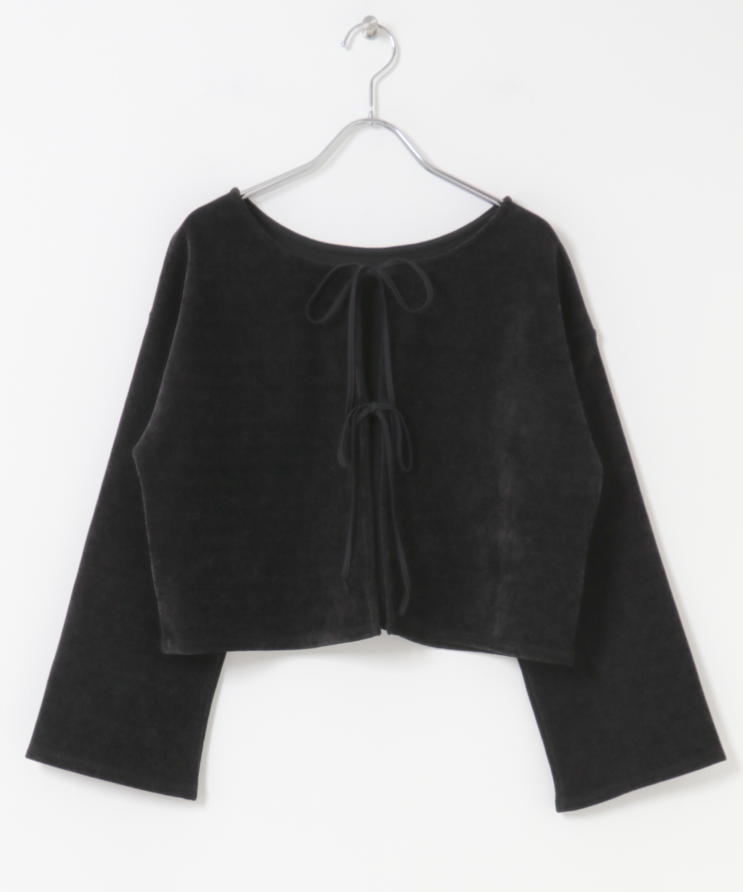 ベロアリボンカットカーディガン BLACK M