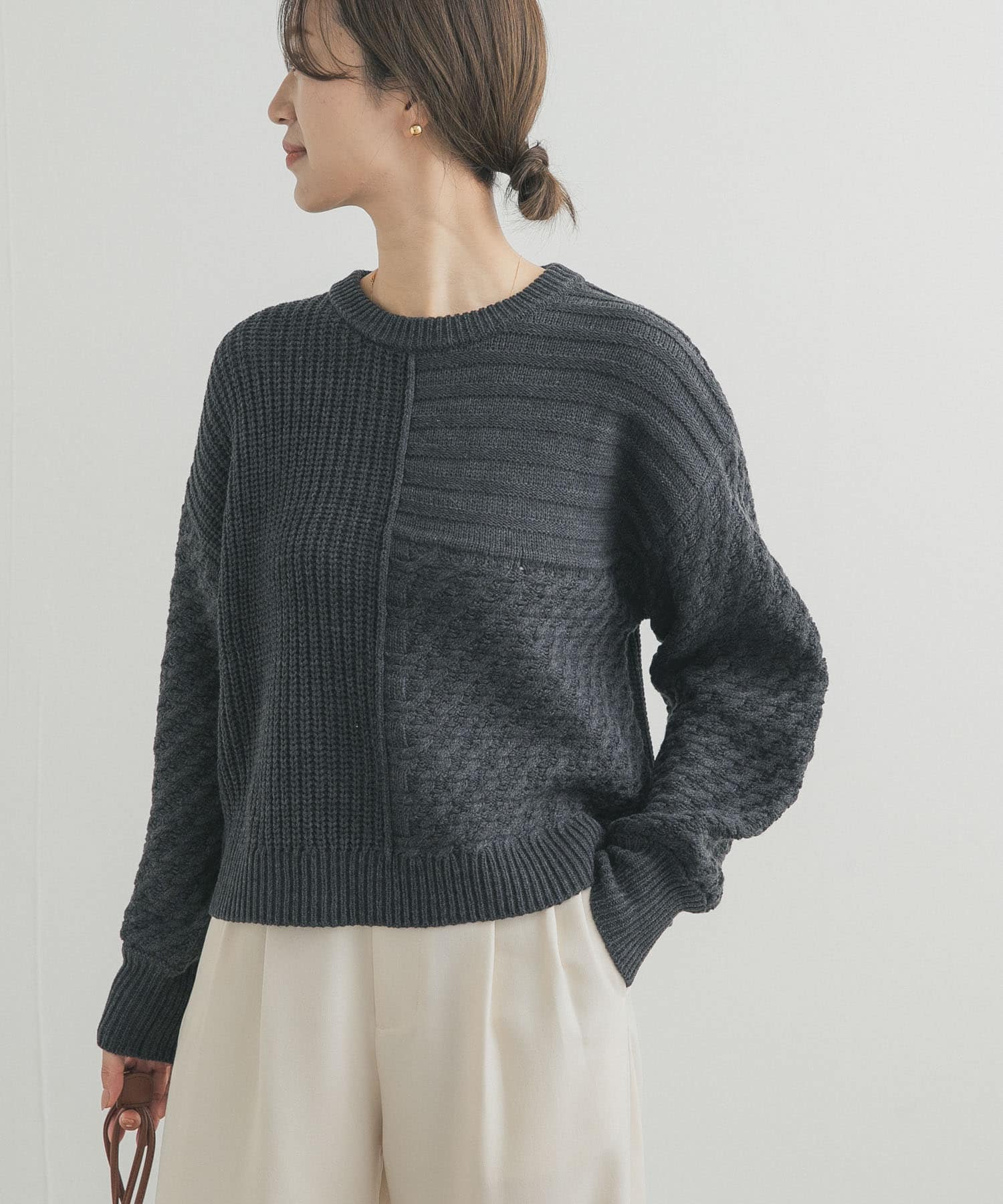 パッチワーク柄袖ボリュームニット