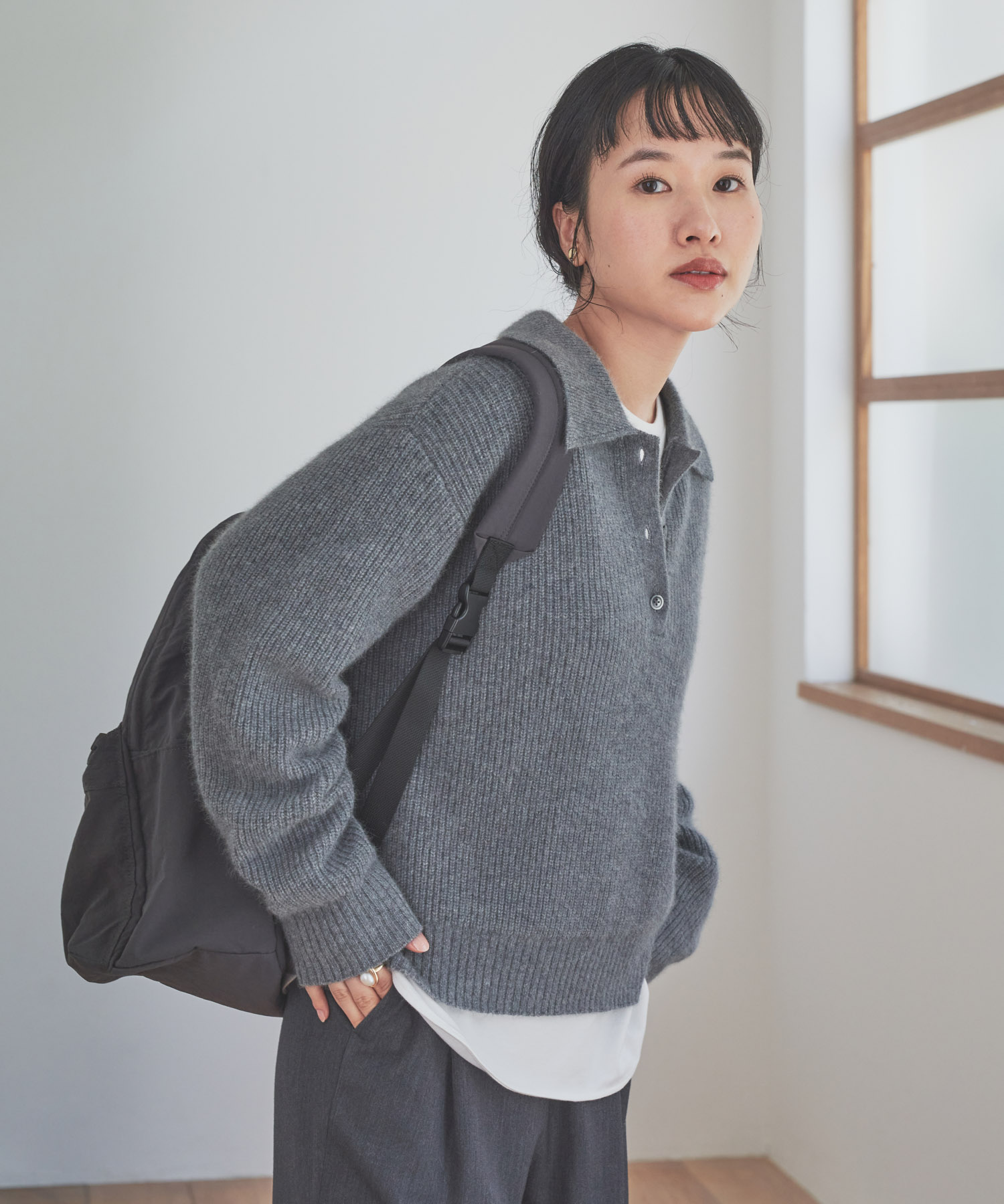 FOX混衿付き畦ニット GRAY Free