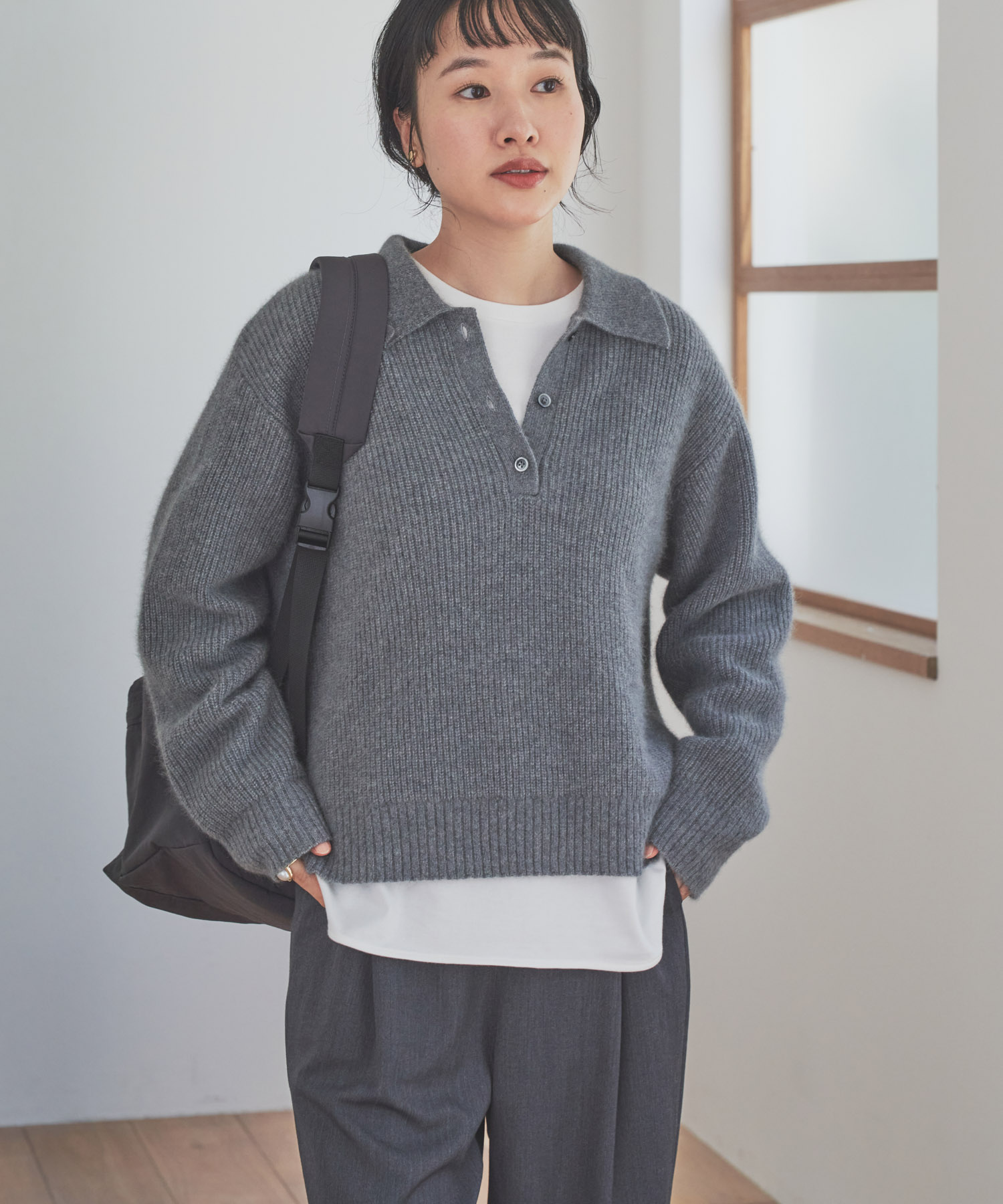 FOX混衿付き畦ニット GRAY Free