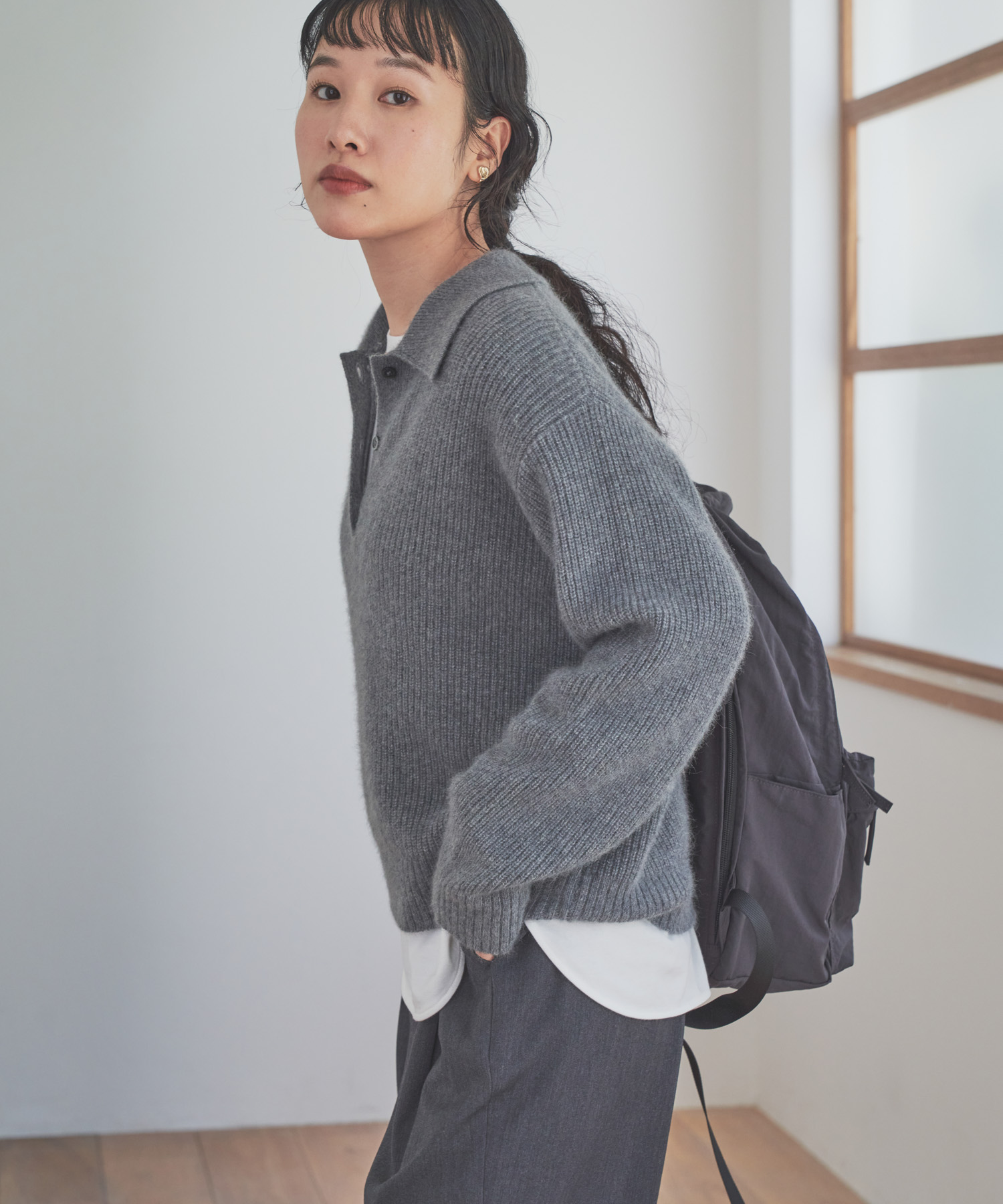 FOX混衿付き畦ニット GRAY Free