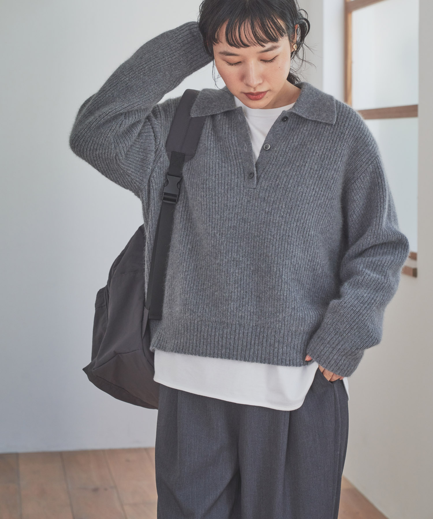 FOX混衿付き畦ニット GRAY Free