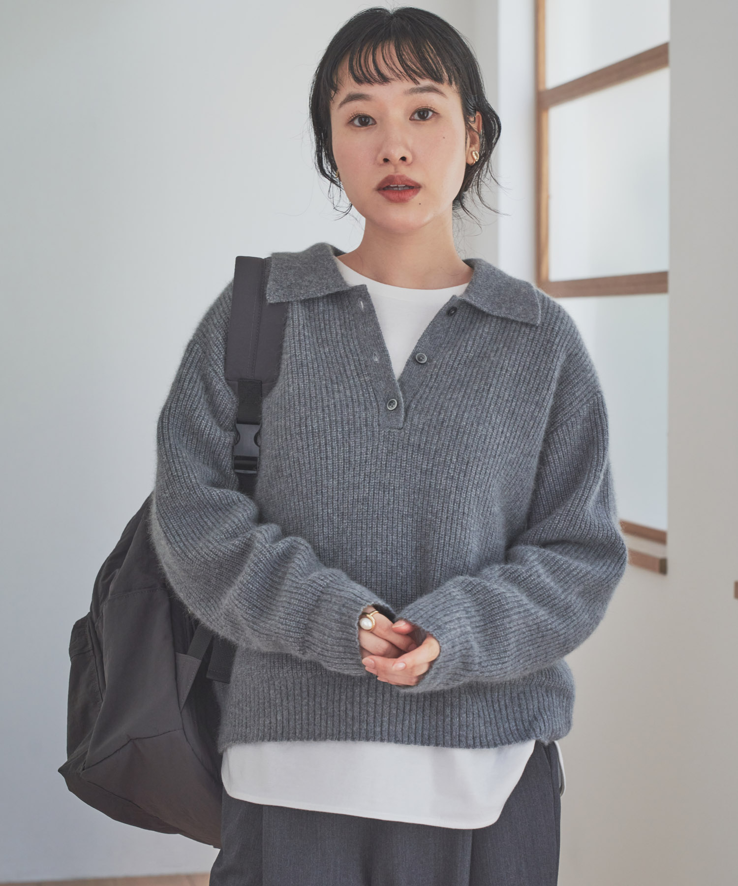 FOX混衿付き畦ニット GRAY Free