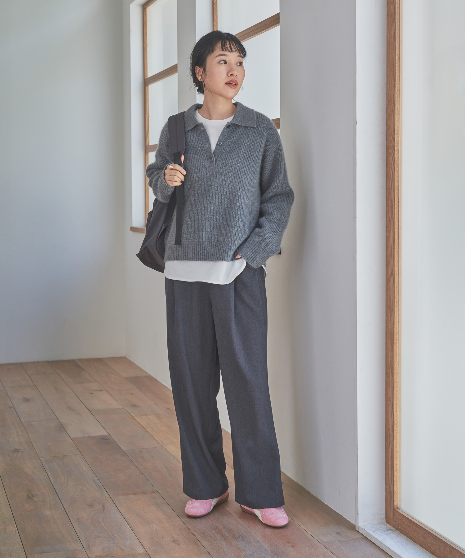 FOX混衿付き畦ニット GRAY Free