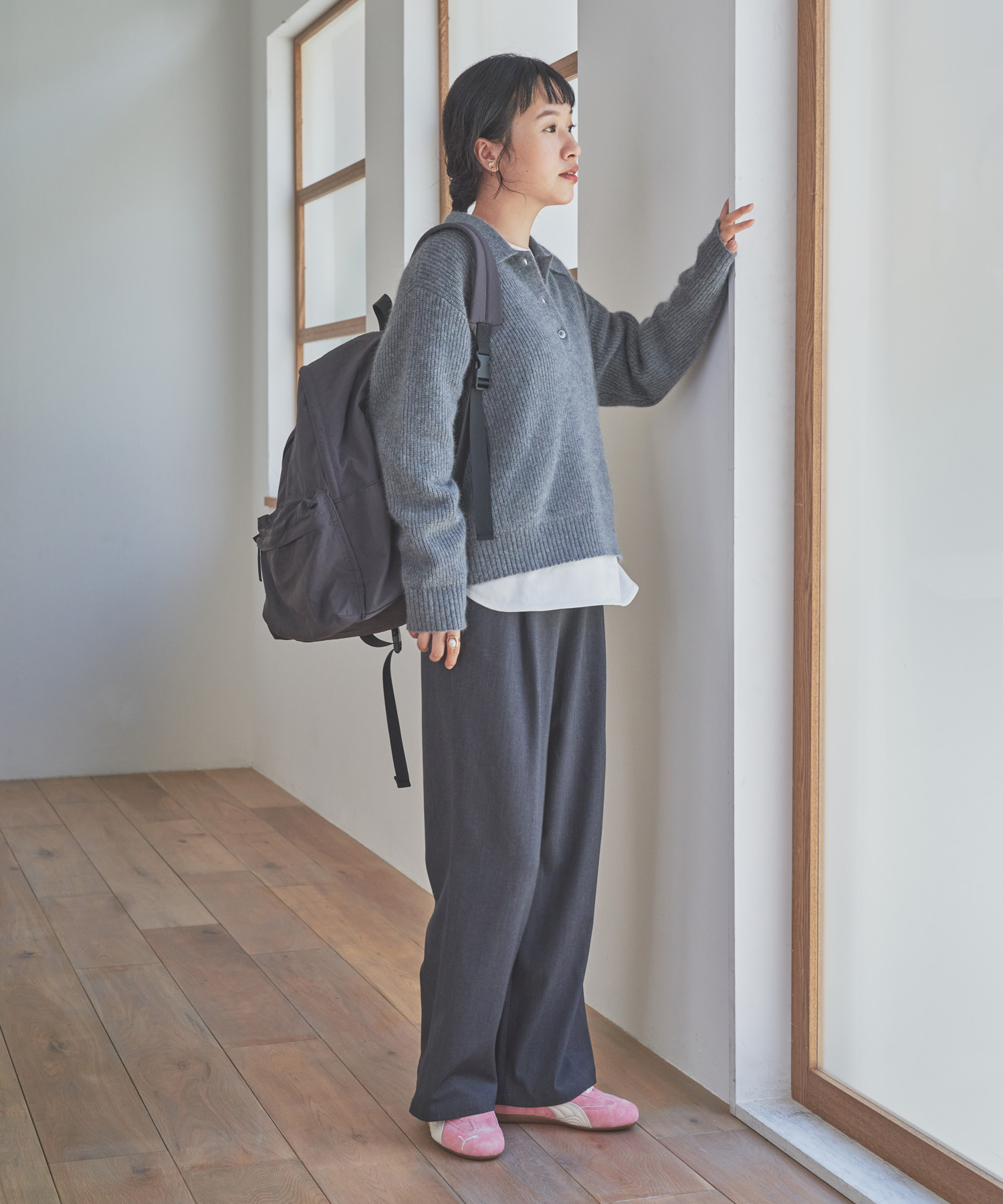 FOX混衿付き畦ニット GRAY Free