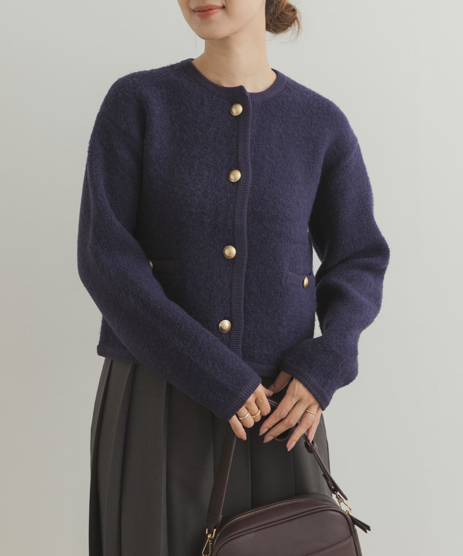 ノーカラーニットカーディガン