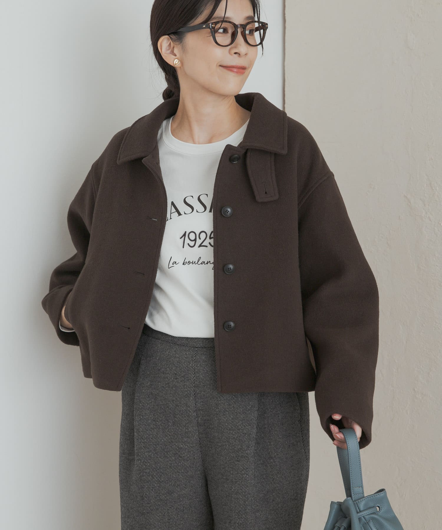 中綿ウールショートコート BROWN M