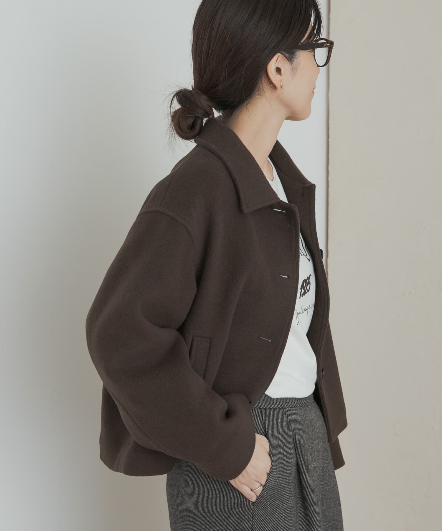 中綿ウールショートコート BROWN M
