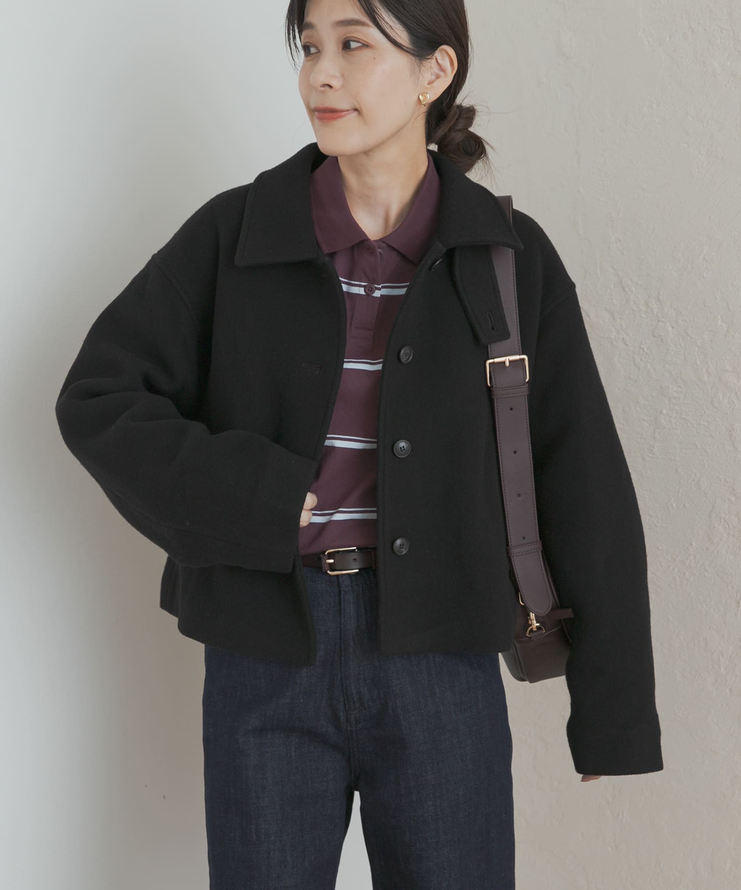 中綿ウールショートコート BLACK M
