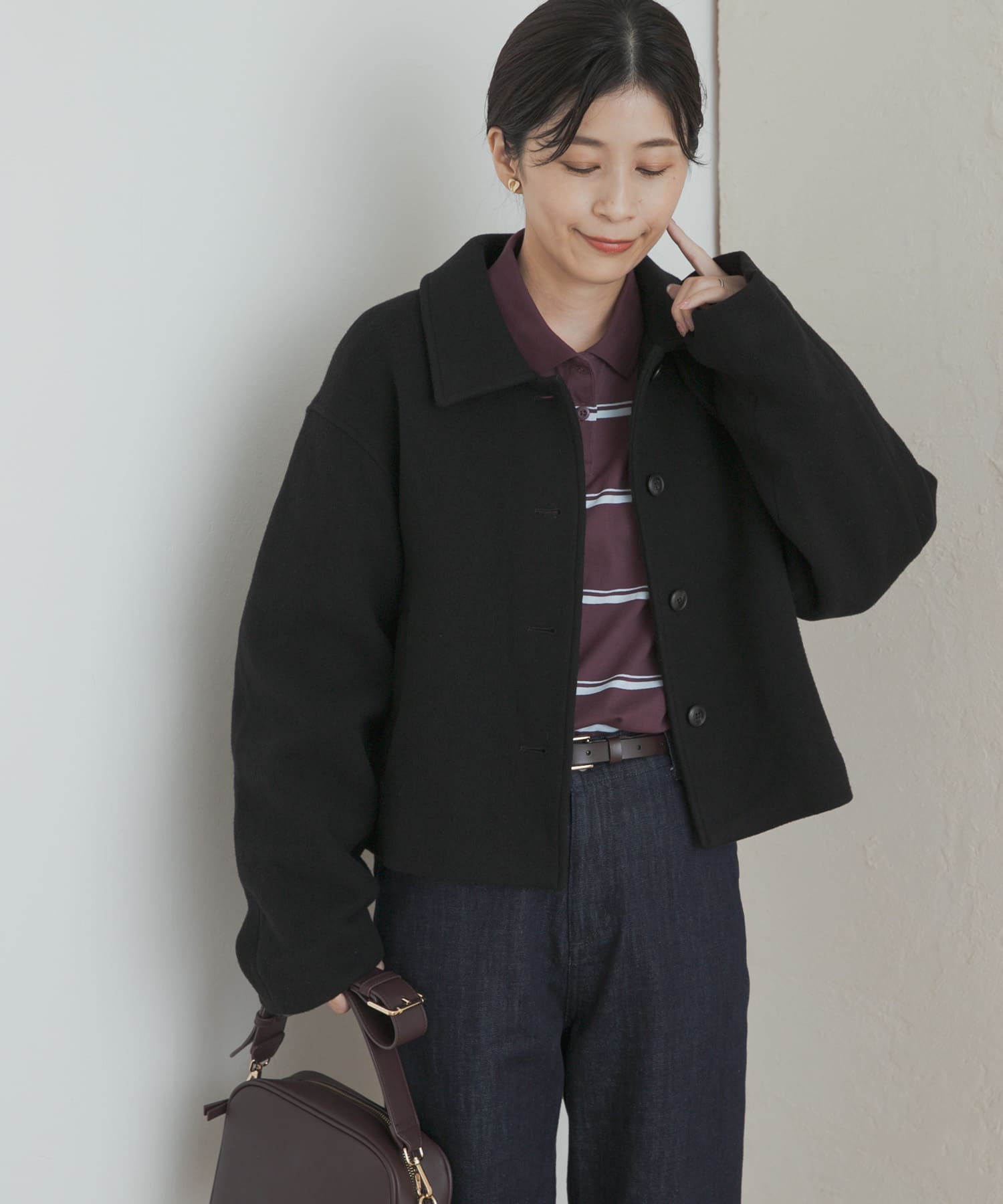 中綿ウールショートコート BLACK M
