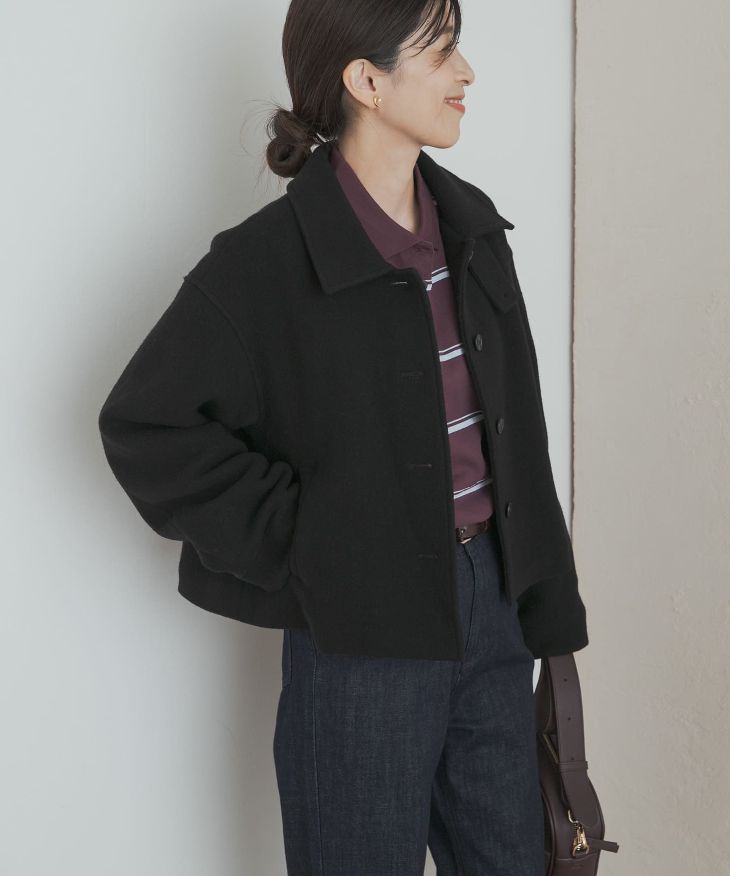 中綿ウールショートコート BLACK M