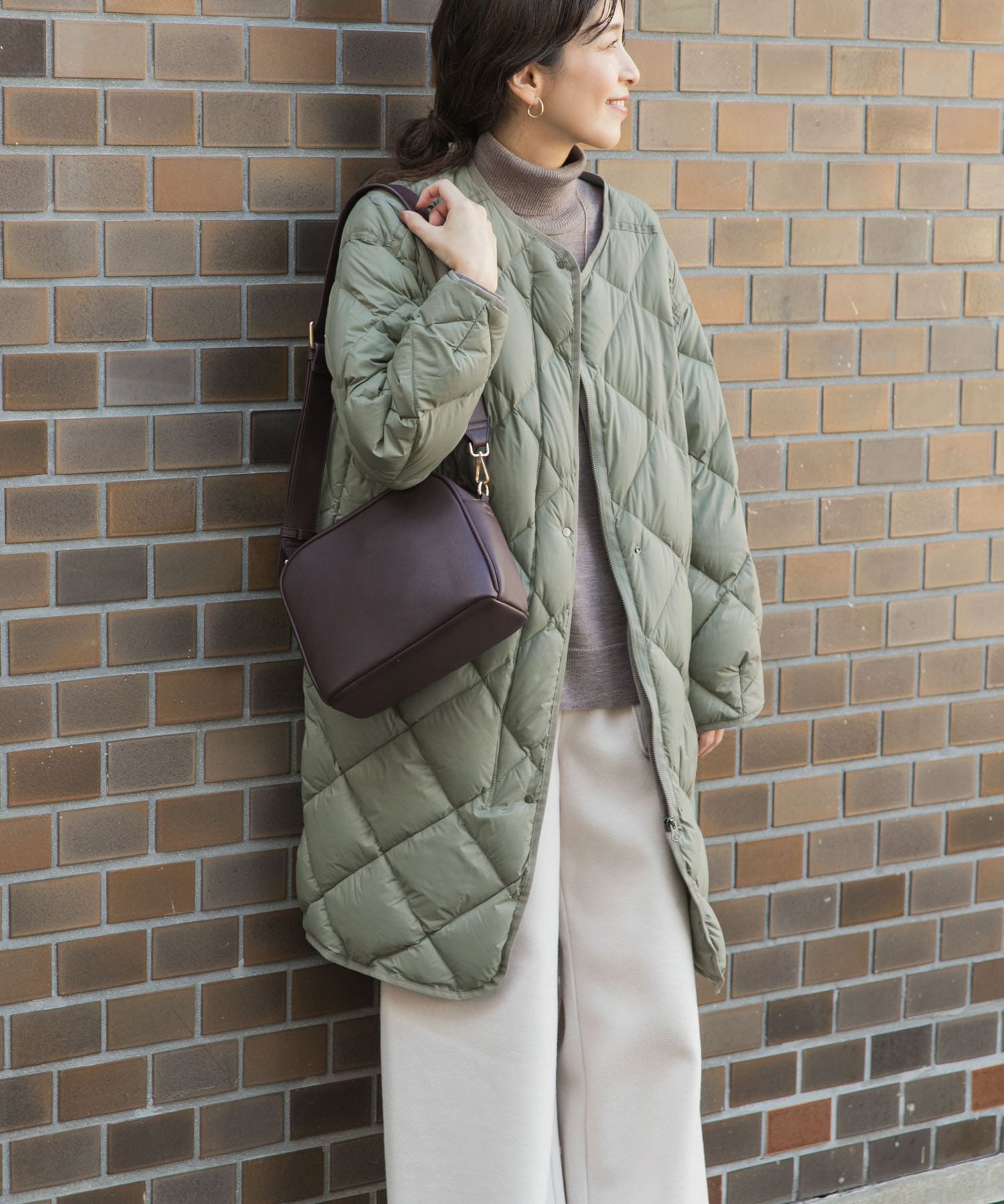 ライトダウンキルトロングコート KHAKI M