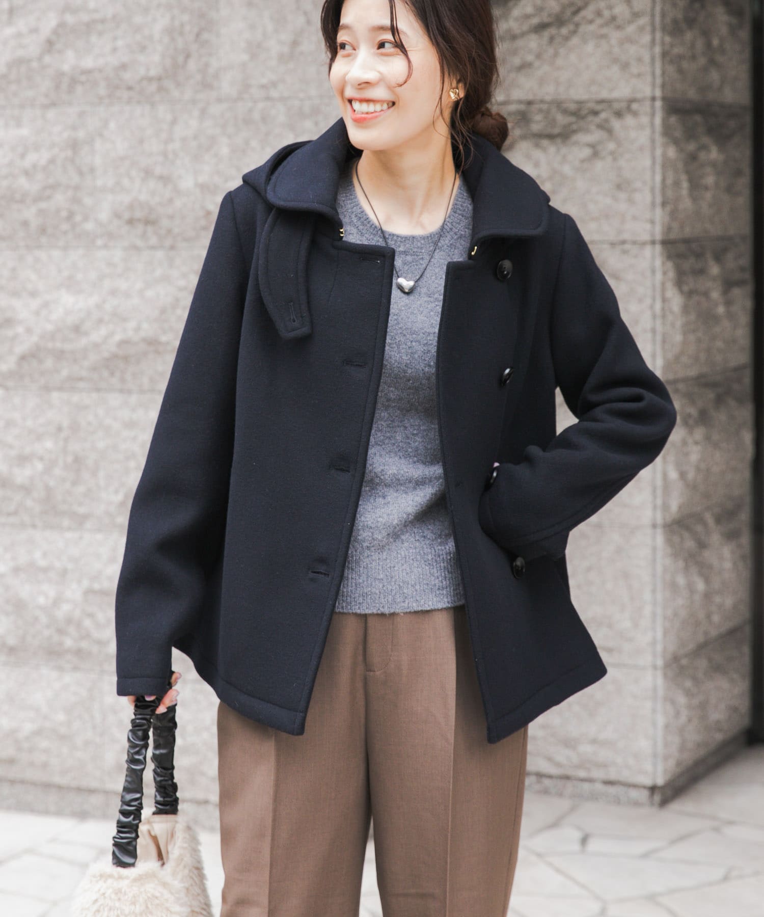 ショールカラー2WAYショートコート NAVY M