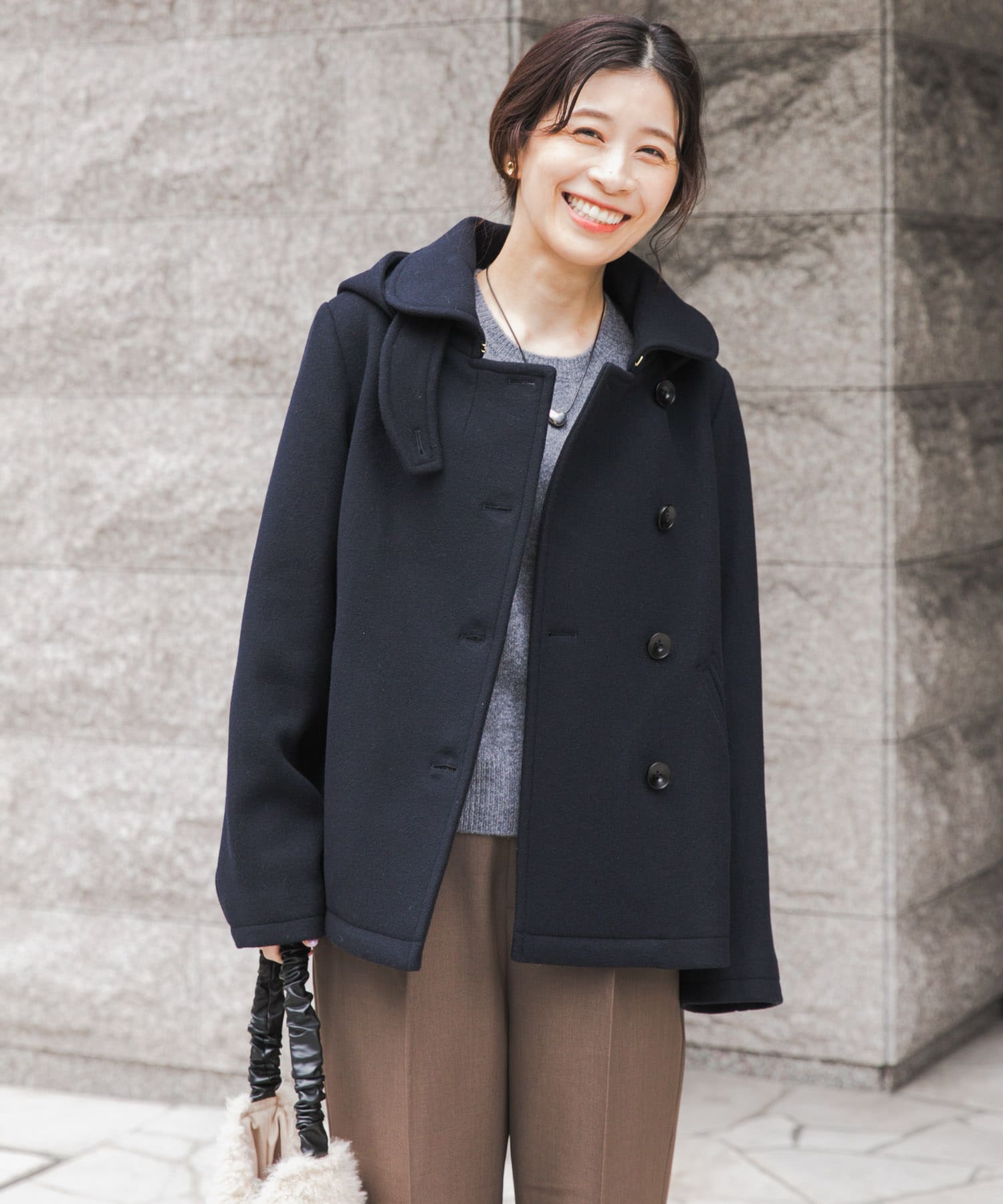 ショールカラー2WAYショートコート NAVY M