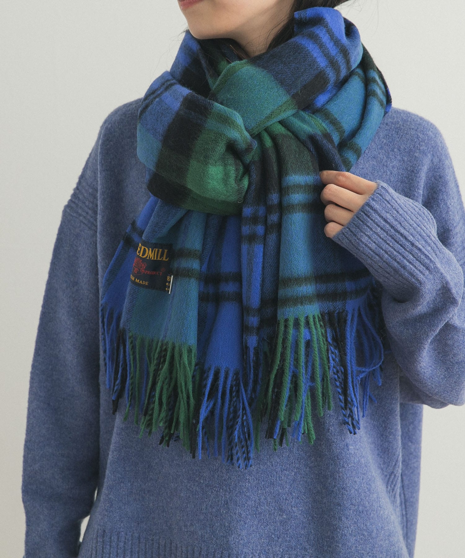 『一部別注カラー』TWEED MILL　Lambswool Stole BLU/GRN Free