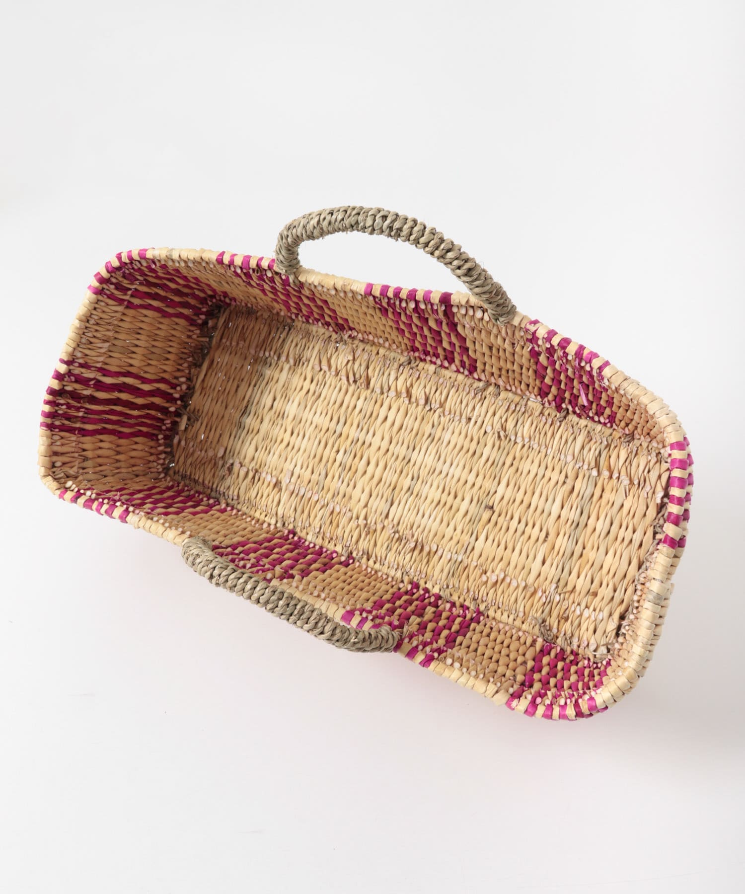 アフリカンスクエア　ストロー横長カゴL ドームハンドル柄2 フシア L