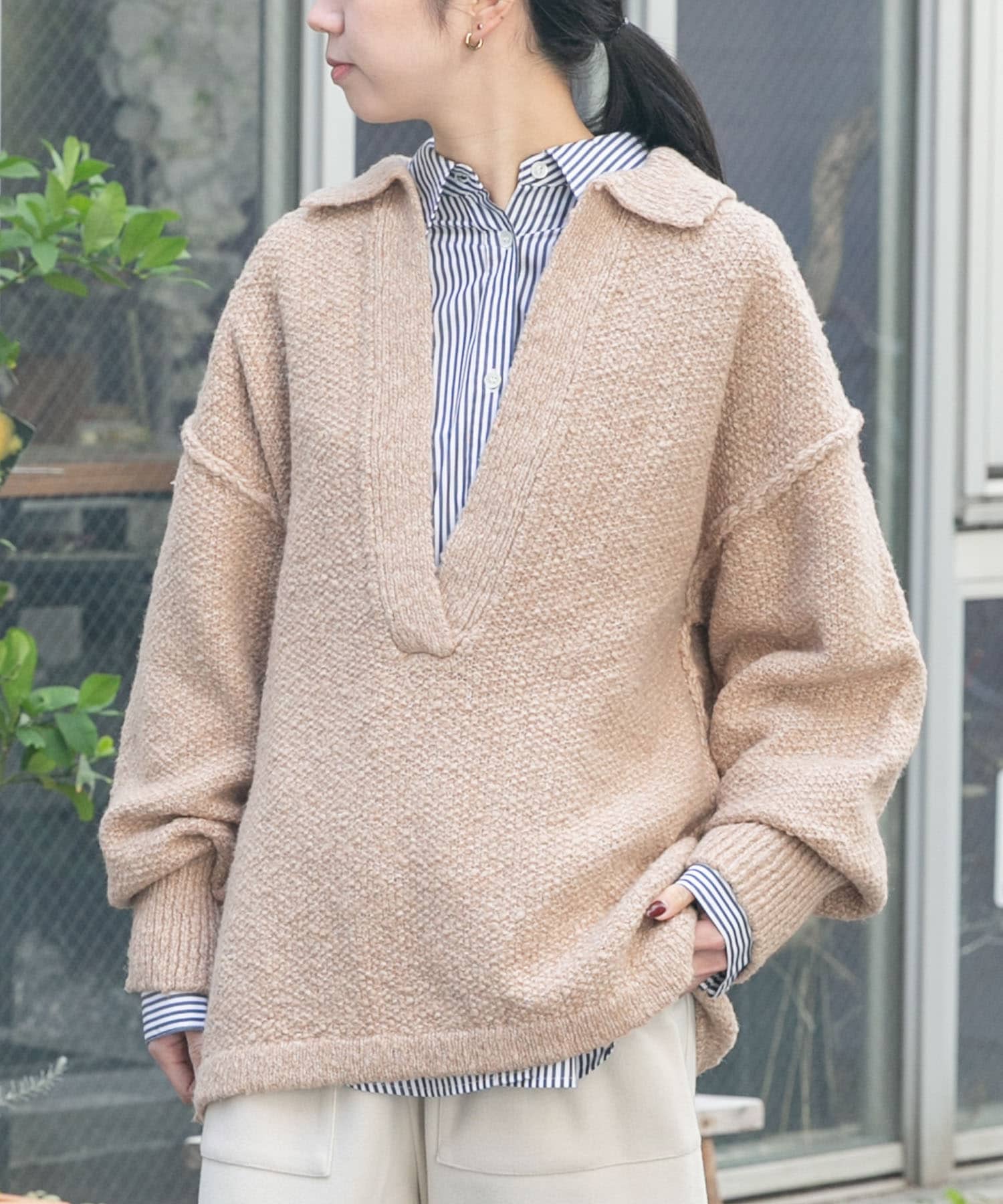 鹿子編みスキッパー衿ニット