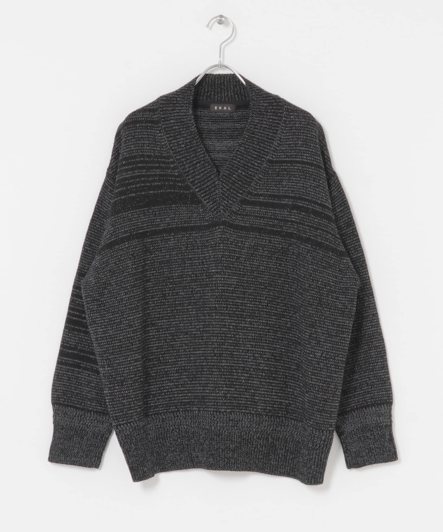 Vネックバルキーボーダーニット ブラック One