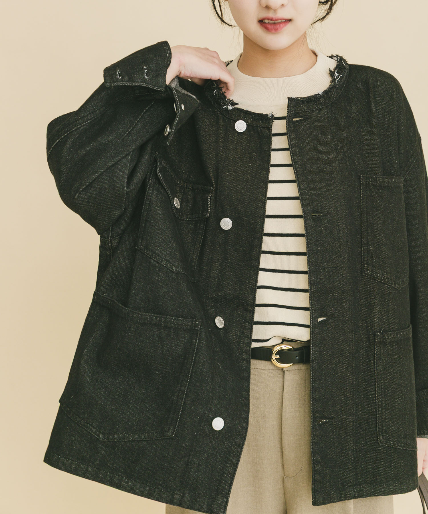 デニムオーバーノーカラージャケット