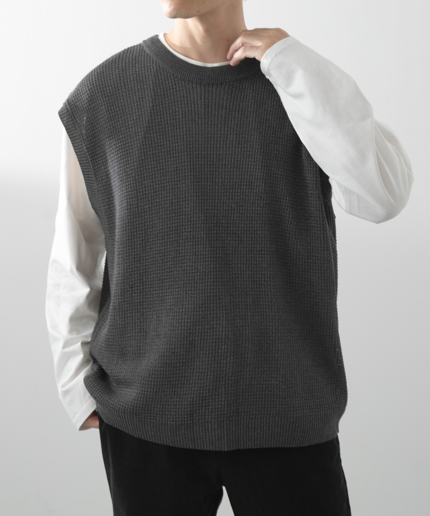 ワッフルニットベスト＋ロングTシャツSET CHA L