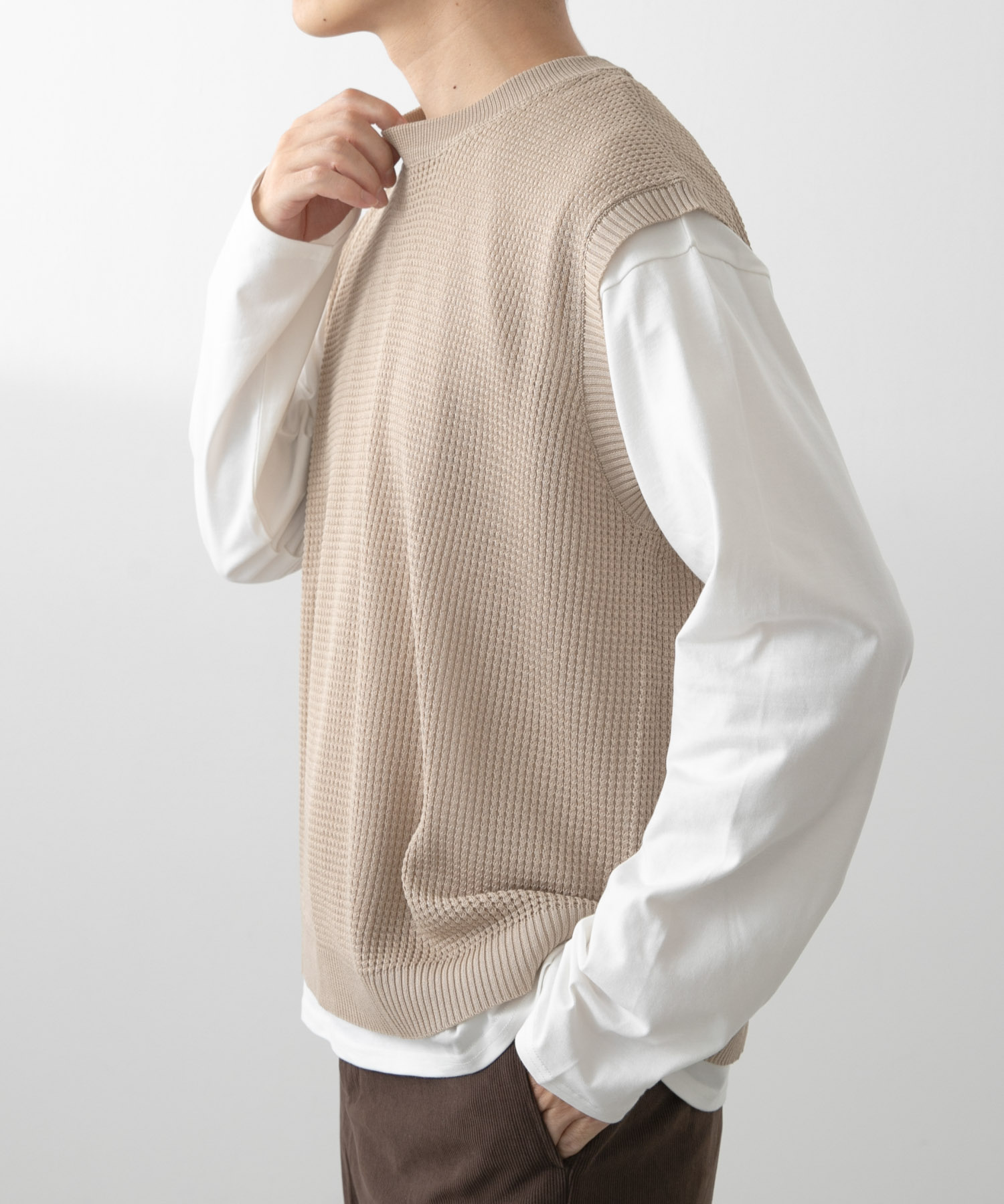 ワッフルニットベスト＋ロングTシャツSET