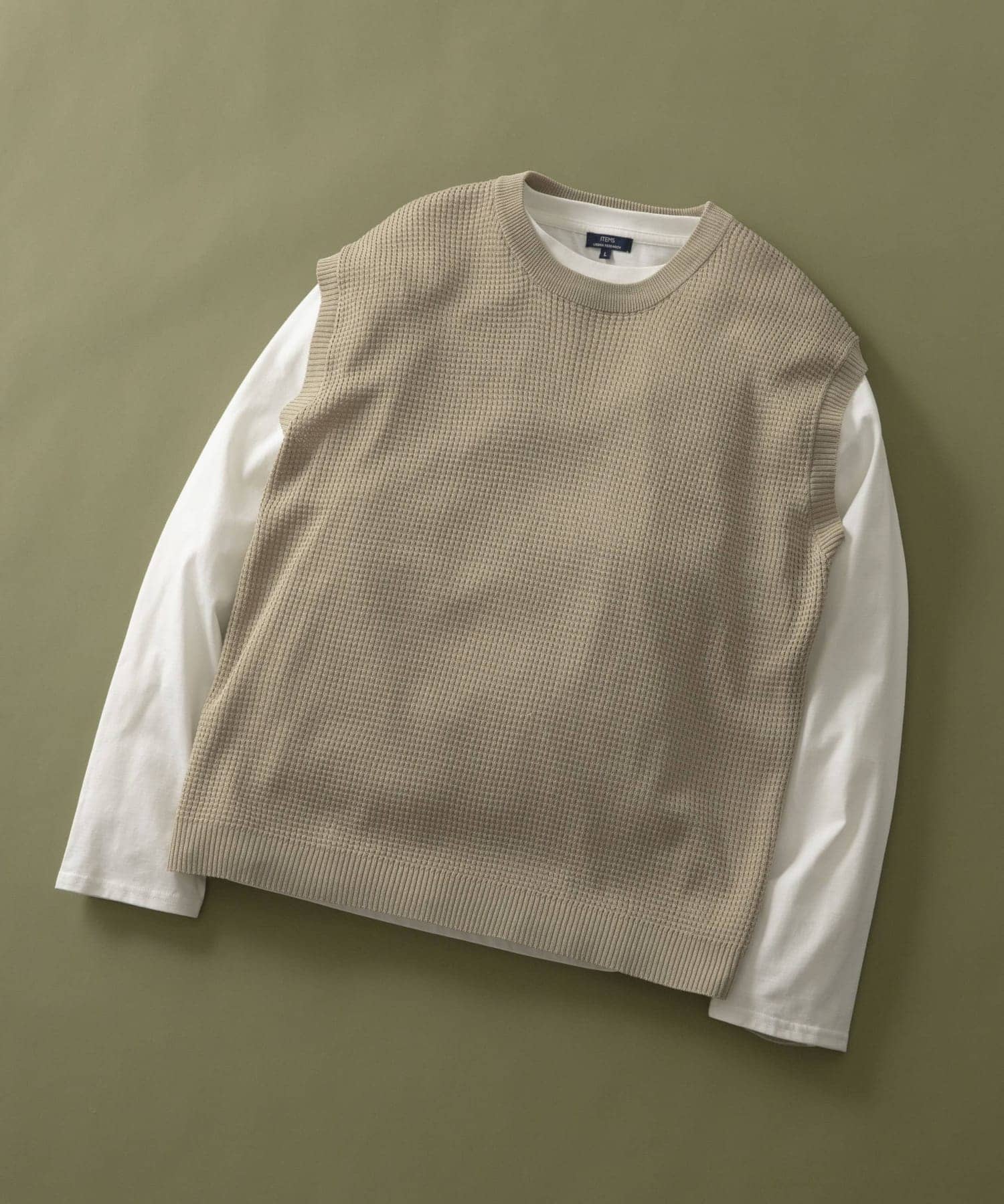 ワッフルニットベスト＋ロングTシャツSET BEG M