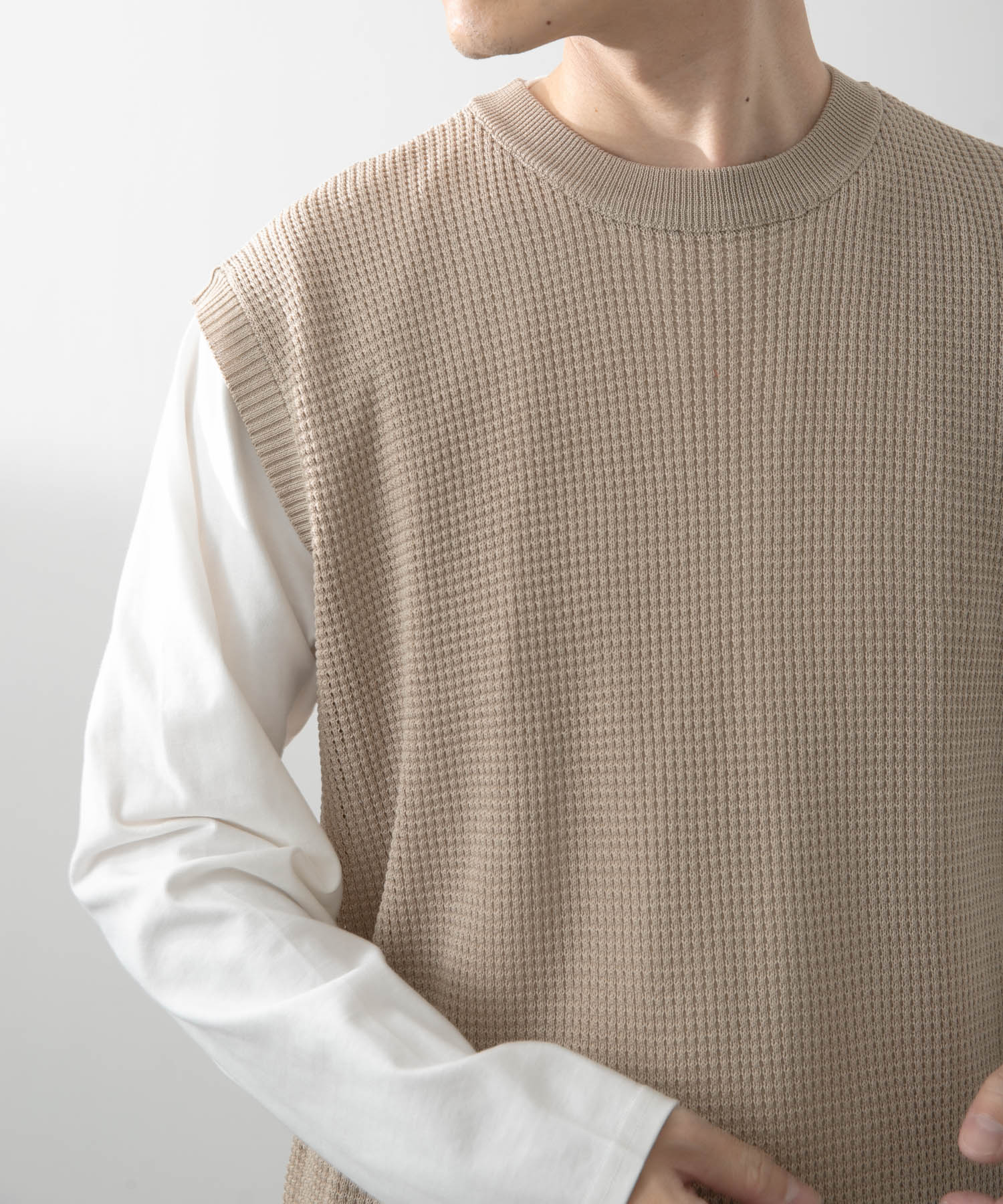 ワッフルニットベスト＋ロングTシャツSET BEG L