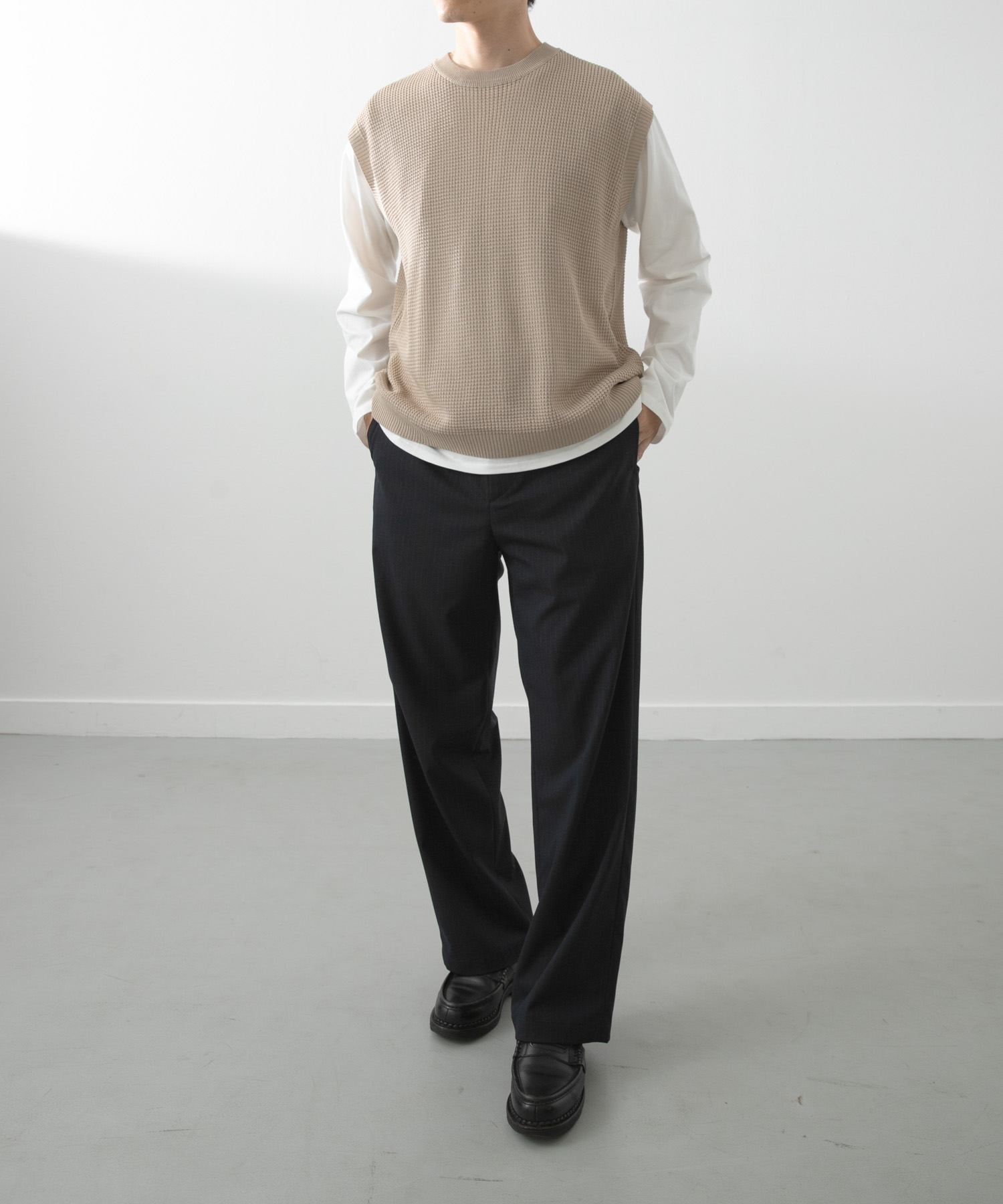 ワッフルニットベスト＋ロングTシャツSET BEG L