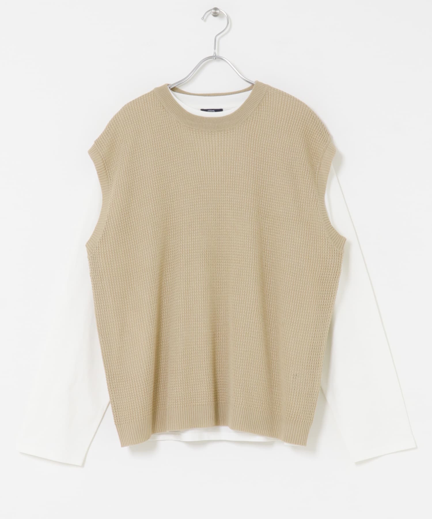 ワッフルニットベスト＋ロングTシャツSET BEG M